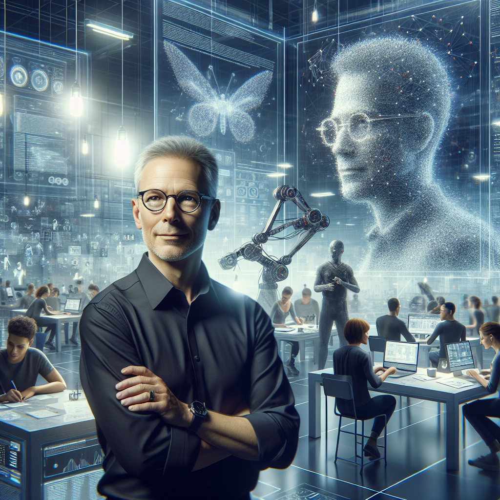 **Billedbeskrivelse:** Forestil dig et hyper-detaljeret billede, der fanger essensen af Googles innovative arbejde inden for kunstig intelligens. I forgrunden ser vi Tim Brooks, leder af det nye team i DeepMind, som står midt i et moderne forskningslaboratorium. Tim er en middelaldrende mand med briller og et venligt, fokuseret udtryk. Han har kort, gråligt hår og bærer en smart, sort skjorte. Laboratoriet er fyldt med avanceret teknologi: store skærme viser komplekse datavisualiseringer af kunstige neurale netværk, mens en robotarm elegant arbejder i baggrunden for at bygge prototyper. Den perfekte belysning kaster blød lys på et bord dækket af papirer og laptops, hvor forskellige teammedlemmer – mænd og kvinder fra forskellige etniciteter – diskuterer ivrigt. På væggen hænger et stort whiteboard fyldt med skitser og noter, der skildrer idéer til AI-modellerne Gemini, Veo og Genie. I en hjørne står en holografisk projektion af et 3D-miljø, der simulerer rumfang, som teamet kan interagere med. Atmosfæren er elektrisk og fyldt med kreativ energi, hvilket tydeligt illustrerer en ny æra af AI-forskning, der fokuserer på at simulere den fysiske verden. Dette billede indfanger det innovative åndedrag og de mange muligheder, som Googles AI-team ser frem til at realisere.