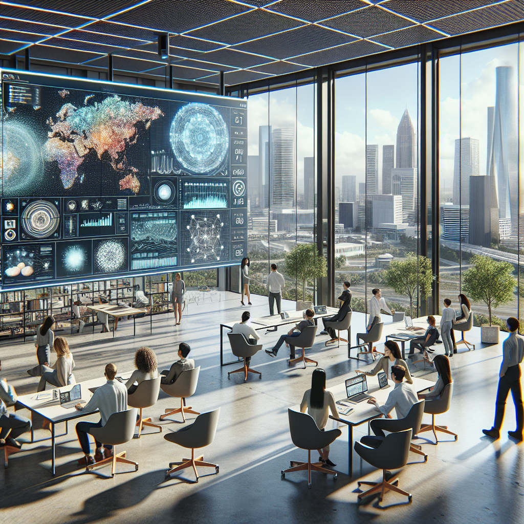 **Billedbeskrivelse:** Et hyper-realisteret foto af et moderne kontorlandskab, der fungerer som centrum for Googles AI-forskning i DeepMind. På billedet ses et lysfyldt rum med store vinduer, der giver udsigt til en by i baggrunden, hvor skyskrabere strækker sig mod himlen. I foregrounden står en gruppe af diverse forskere og ingeniører – mænd og kvinder i forskellige aldre og etniciteter – samlet omkring en stor interaktiv skærm, der viser komplekse data, grafikker og simuleringer af AI-modellerne Gemini, Veo og Genie. På skærmen kan man tydeligt se en 3D-repræsentation af et virtuelt miljø, demonstreret gennem avanceret visualiseringsteknologi, som simulerer interaktiv underholdning og videoproduktion. Forskerne er engagerede og deltager aktivt i en diskussion, med laptops og tablets åbne foran dem. Nogle annoterer data, andre interagerer med modellerne på skærmen, og man kan endda se et diagram, der illustrerer fremdriften mod AGI (kunstig generel intelligens). Rummet er indrettet med futuristiske møbler med bløde, organiske former, der stimulerer kreativitet og samarbejde. Der er også planter og kunstværker, der bidrager til en inspirerende atmosfære. Det samlede billede udstråler innovation, samarbejde og en klar vision for fremtiden inden for AI-forskning, hvilket indfanger essensen af Googles nye team og deres ambitioner.