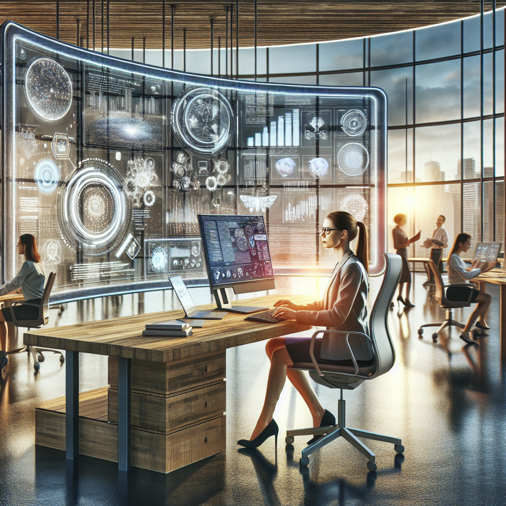 **Billedbeskrivelse:** Forestil dig et hyperdetaljeret foto af et moderne kontorlandskab, der symboliserer den fremtidige integration af kunstig intelligens i vores dagligdag. I forgrunden ses en workstation, hvor en person i casual business-attire sidder ved en ergonomisk skrivebordsstol. Personen, en ung kvinde med brunt hår og briller, er dybt koncentreret, mens hun interagerer med en interaktiv AI-skærm, der viser komplekse data visualiseringer og multimodale informationer - tekst, grafik og video - integreret i et brugervenligt interface. Vægge i kontoret er prydet med moderne kunst, der repræsenterer teknologi og innovation, og der er store vinduer, der giver naturligt lys og udsigt over byens skyline. I baggrunden kan man skimte kolleger, der også arbejder på deres computere, og nogle engagerer sig i kreative brainstorming-sessioner ved et rundt bord. Billedet fanger essensen af en futuristisk arbejdsplads, hvor AI er en integreret del af arbejdsprocessen, med interaktive gadgets og teknologi, der vidner om et højt teknologisk niveau. Det detaljerede fokus på det moderne udstyr, den inspirerende kontorindretning, og den engagerede ansigtsudtryk på kvinden skaber en atmosfære af innovation og samarbejde i denne nye æra af agentisk AI.