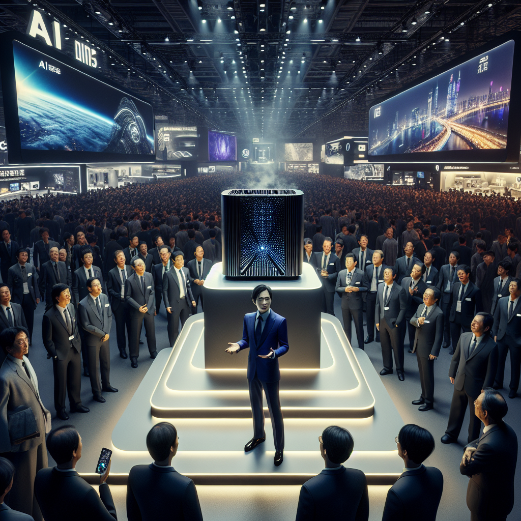 **Billedbeskrivelse:** Et imponerende panorama af den pulserende messehal ved CES 2025 i Las Vegas, hvor Nvidias stand dominerer scenen med en overflod af aktivitet og fascination. I forgrunden skinner Project DIGITS, en kompakt og moderne personlig AI supercomputer, præsenteret på et elegant, oplyst podium. Den sorte enhed med sine glatte, strømlinede kurver fremstår både futuristisk og indbydende, mens detaljer som køleåbninger og tilslutninger subtilt indikerer dens kraftfulde teknologi. Besøgende strømmer til fra alle retninger; nogle i formelle jakkesæt, andre i mere afslappet påklædning, alle ansigtstræk fyldt med nysgerrighed og begejstring. Deres opmærksomhed er fanget af LCD-skærme, der flyder med information om Project DIGITS, hvor grafik og animationer viser potentielle anvendelser og AI-modeller. Den stemningsfulde belysning i hallen tilføjer en sofistikeret glød og understreger innovationens ånd. I baggrunden står Jensen Huang, Nvidias karismatiske CEO, i en dybblå jakkesæt med et strålende smil. Han gestikulerer livligt, engagerer sin tilhørerskare og forklarer de tekniske fordele ved Project DIGITS. Flere skærme viser dynamiske visualiseringer af komplekse AI-modeller, der demonstrerer den enorme beregningskraft, det nye system besidder. Atmosfæren er elektrisk, fyldt med summen af begejstrede samtaler, klap og latter. Udover den centrale præsentation ses grupper af mennesker i intensiv diskussion, nogle med tablets i hænderne, der tjekker de seneste opdateringer omkring Project DIGITS. Hele scenen skaber et visuelt kapitel af fremtiden, hvor kreativitet og teknologi mødes, og perfekt illustrerer de banebrydende fremskridt, Nvidia tilbyder med denne revolutionerende supercomputer.