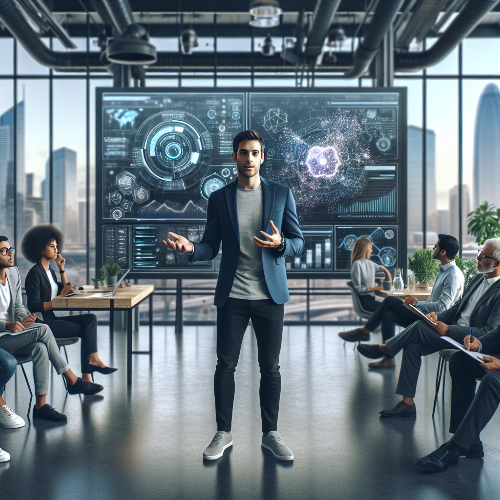 **Billedbeskrivelse:** Et dynamisk møde i et moderne, stilfuldt kontormiljø, hvor Sam Altman, medstifter og CEO af OpenAI, står foran et stort interaktivt skærm. Skærmen viser komplekse grafikker og data om kunstig intelligens. Altman, en mand i 30'erne med kort, mørkt hår iført en mørk blå blazer og en let grå T-shirt, gestikulerer entusiastisk, mens han præsenterer for et varieret publikum bestående af både tekniske eksperter og virksomheder. Rummet er lyst og åbent med gulv-til-loft vinduer, der viser en imponerende udsigt over en moderne storby. Fra højre ses en gruppe analysemedarbejdere, der tager noter og stiller spørgsmål. Nær skærmen sidder en kvindelig softwareudvikler med briller, der fokuserer intensivt på diskussionen, og til venstre står en ældre bestyrelsesmedlem med gråt hår, der ser eftertænksom ud. Baggrunden er prydet med planter og moderne kunstværker, hvilket giver en inspirerende atmosfære, der afspejler det innovative ånd hos OpenAI. Billedet indfanger energien og ideen om samarbejde, mens teamet navigerer gennem komplekse emner om AI-udvikling, som er central for artikelens fokus på OpenAI’s mission og udfordringer.