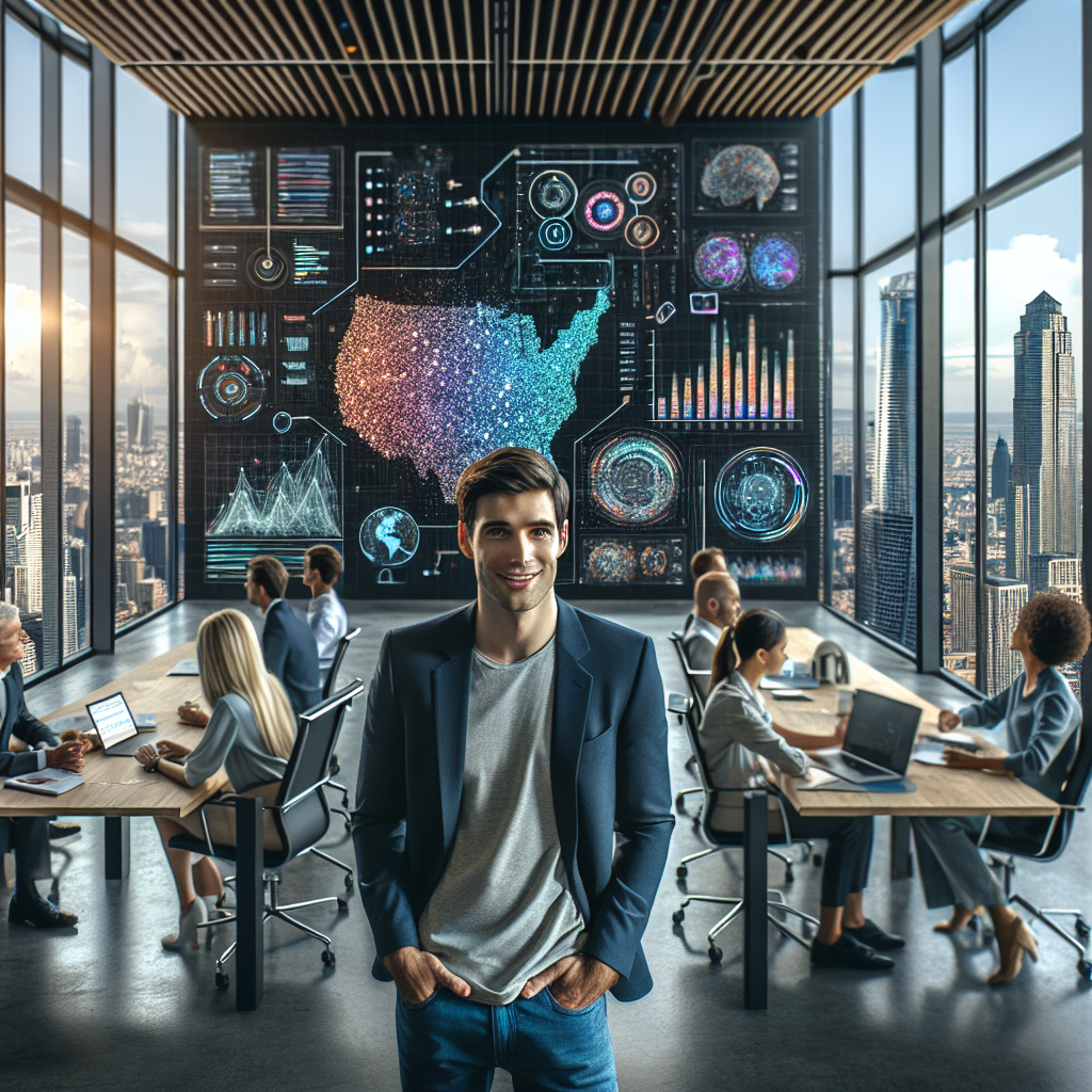 **Billedbeskrivelse:** Et professionelt møde i et moderne, stilfuldt kontor, spækket med den nyeste teknologi. Sam Altman, medstifter og CEO af OpenAI, står foran et imponerende, stort interaktivt skærm, der fylder væggen med farverige, komplekse grafer og diagrammer relateret til kunstig intelligens. Han er en mand i 30'erne med kort, mørkt hår og bærer en mørk blå blazer over en lys grå T-shirt. Hans ansigtstræk udstråler entusiasme, mens han gestikulerer livligt for at understrege sine punkter. Rummet er lyst og indbydende, bygget med gulv-til-loft vinduer, der afslører en betagende udsigt over den pulserende storby udenfor, hvor skyskrabere glitrer i sollyset. Til højre i billedet sidder en gruppe analysemedarbejdere, der flittigt tager noter og deltager aktivt i diskussionen. En kvindelig softwareudvikler med briller sidder tæt på skærmen, hendes fokus helt rettet mod Altman og de visuelle data, mens hun nikker anerkendende. Til venstre står en ældre bestyrelsesmedlem med gråt hår, hans ansigt præget af eftertænksomhed, som om han overvejer de konsekvenser, Altman præsenterer. Baggrunden er prydet med grønne planter og moderne kunstværker, der tilføjer et kreativt touch til rummet og skaber en inspirerende atmosfære, som reflekterer OpenAI's innovative ånd. Billedet indfanger den dynamiske energi og samarbejde, der hersker i lokalet, mens holdet engagerer sig i komplekse drøftelser om AI-udvikling, som er kernen i artikelens tema om OpenAI's mission, udfordringer og fremtidsvisioner.