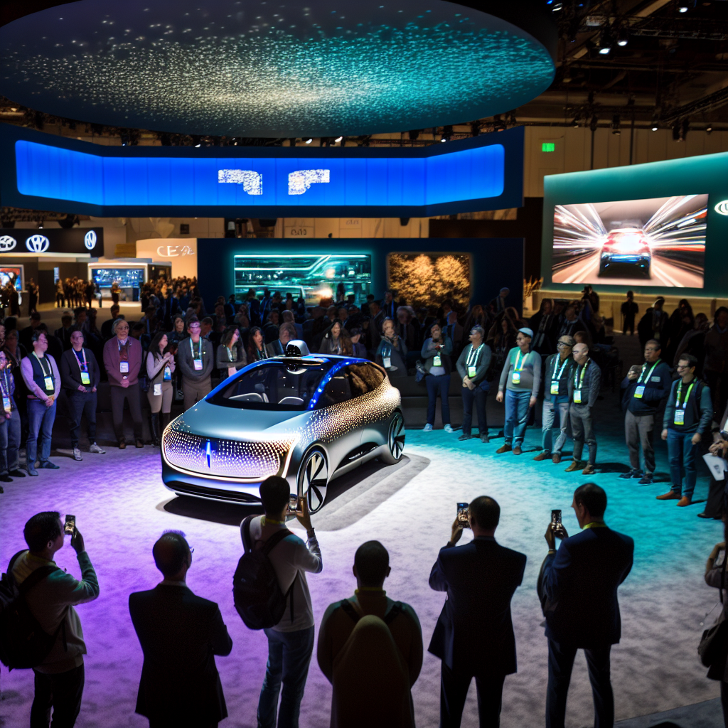 **Beskivelse af foto til nyhedsartiklen:** Billedet fanger et hektisk scenarium fra CES 2025, hvor Uber og Nvidia præsenterer deres samarbejde om autonom teknologi. I forgrunden ses en avanceret selvkørende bil, med et strømlinet og moderne design, der glitrer i et panorama af bløde lys og skarpe kanter. Bilen er omgivet af en gruppe entusiaster og fagfolk, der med spænding betragter bilens innovative funktioner, herunder dens dynamiske displays og sensorudstyr, som blinker i takt med dens interaktive demonstration. I baggrunden svømmer udstillingsområdet i nuancer af blå og grøn, mens et stort LED-panel viser logoerne for både Uber og Nvidia, flankeret af billeder af den nyeste teknologi, som de præsenterer. Mennesker af forskellig baggrund og køn er samlet, og deres ansigtstræk vidner om undren og interesse, mens nogle optager øjeblikket med deres smartphones. Lyset i rummet er blødt, men fokuseret på biler, der står ud blandt de mere traditionelle teknologiprodukter. Det skaber en futuristisk atmosfære, der effektivt visualiserer den teknologiske revolution, der foregår inden for transportsektoren. Stemningen byder på en blanding af forventning og skønhed, hvilket indikerer, at dette potentiale kan være en gamechanger for autonom kørsel. Hele billedet er præget af en ultra-realistisk kvalitet, hvor detaljerne i bilens overflade, folks ansigtsudtryk og de teknologiske installationer er skarpe og iøjnefaldende, hvilket giver seeren en umiddelbar følelse af at være til stede ved denne historiske præsentation.