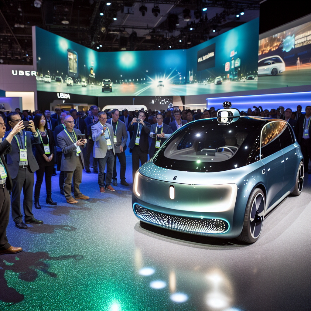 **Beskivelse af foto til nyhedsartiklen:** Billedet fanger et øjeblik fra CES 2025, hvor stemningen er elektrisk, og innovationen er i fokus. I forgrunden står en futuristisk selvkørende bil, der har et strømlinet og aerodynamisk design, iført en glinsende lak, der reflekterer de bløde lys fra LED-spotlights, som farver området i nuancer af blåt og grønt. Bilens overflade er så detaljeret, at man kan se de fine refleksioner af omgivelserne og lysene, der danser på karrosseriet. Bilen har ingen traditionelle sidespejle; i stedet er der kompakte kameraer, som understreger dens avancerede teknologi. Fronten prydes af et intelligent display, der interaktivt præsenterer information om bilens autonome funktioner med grafiske animationer og data. Omkring bilen står en gruppe entusiaster, fagfolk og journalister af forskellig baggrund, der alle med stor interesse betragter bilen. Deres ansigtstræk viser fascination og nysgerrighed, mens nogle optager øjeblikket med deres smartphones. De har forskellige identificerbare gadgets og reklamer fra CES, der tilføjer til den dynamiske atmosfære. I baggrunden hæver et stort LED-panel sig - et visuelt center for showet - hvor både Uber og Nvidia's logoer blinker i livlige animationer og flankeres af videoer, der viser scener af autonome køretøjer i aktion. Rummet er moderne indrettet med en fremadskuende æstetik, hvor de bløde linjer og teknologiske installationer skaber en futuristisk ambiance. Belysningen er strategisk placeret for at fremhæve de mest innovative elementer, og hele scenen er fanget i en hyper-realistisk fotokvalitet, hvor detaljerne er skarpe og farverne levende. Dette billede indfanger benhård teknologi og innovativt design i en uforglemmelig præsentation, der symboliserer det næste kapitel inden for autonom kørsel.