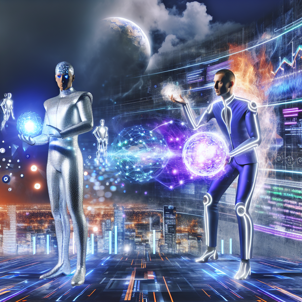 **Billedbeskrivelse til Dall-E:** Et hyperrealistisk billede, der indfanger den intense konkurrence i AI-markedet mellem giganterne Anthropic og OpenAI. I centrum står to kraftfulde figurer, hver repræsenterende deres respektive virksomheder. Den første figur, iført en skinnende, sølvfarvet dragt, bærer en luminescerende, pulserende kugle i hånden, der udsender data-lignende lyseffekter og komplekse mønstre, symboliserende indsigter fra dybe læringsalgoritmer. Den anden figur er klædt i en dyb blå dragt med lette LED-lys, der blinker i takt med hans bevægelser, og strekker sine hænder frem mod en stor, holografisk skærm, hvor interaktive grafer og statistikker vises, der analyserer AI-fremdrift. Omkring dem svæver et væld af hologrammer, der viser AI-modeller, netværksdiagrammer og programmeringskoder, der svømmer ind og ud af fokus som om de er levende. I baggrunden strækker en moderne, futuristisk by sig med skyskrabere og neonlysende skiltning med ord som 