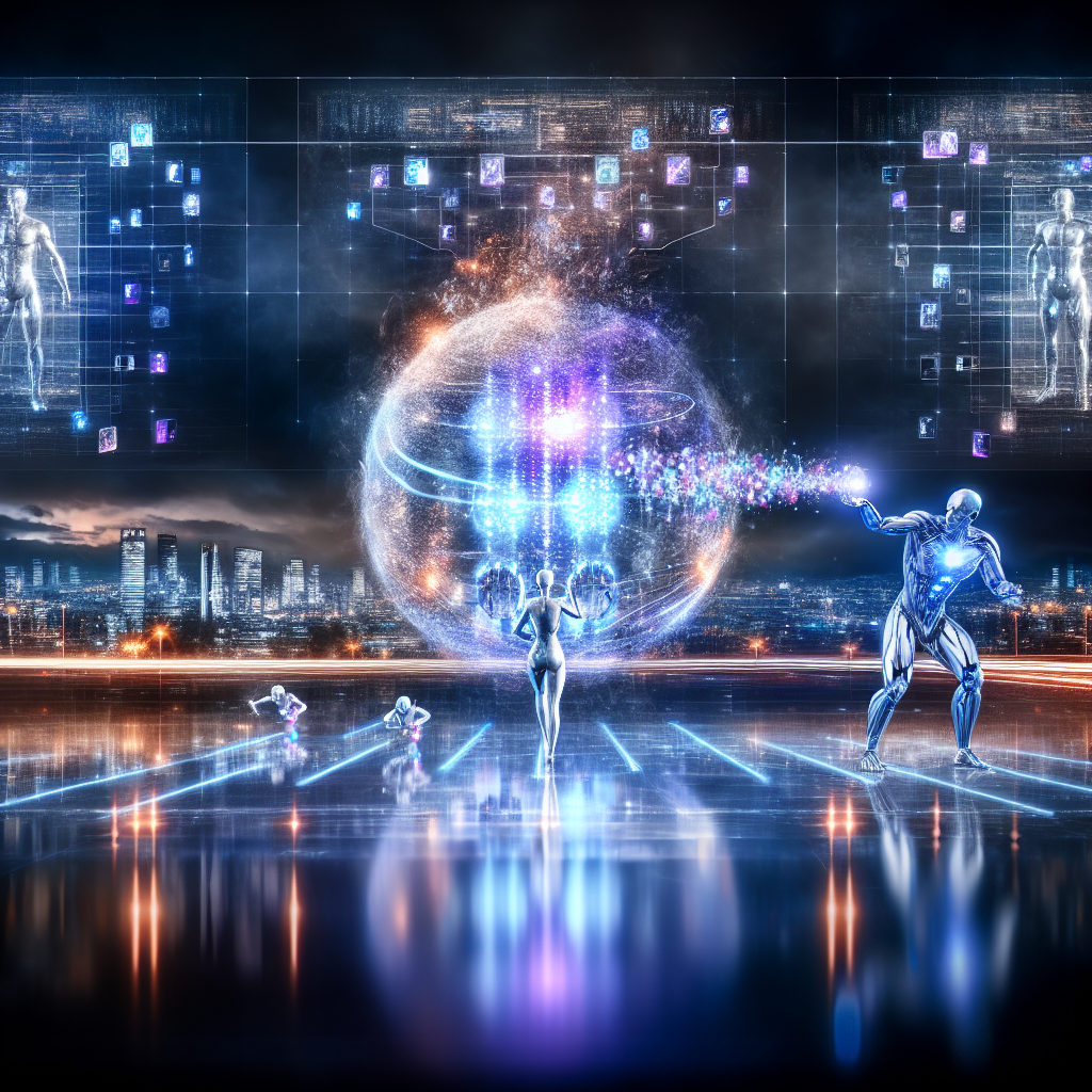 **Billedbeskrivelse til Dall-E:** Et hyperrealistisk billede, der fanger intensiteten af konkurrence i AI-markedet med fokus på titanikampen mellem Anthropics og OpenAI. I centrum af scenen står to majestætiske figurer, der symboliserer de to virksomheder. Den første figur er klædt i en futuristisk, sølvfarvet dragt, der reflekterer lyset fra de omgivende neonlys. Denne figur holder en lysende, pulserende kugle i sin hånd, som stråler med komplekse datastrømme og grafer, der svømmer og danser rundt om den - et symbol på AI’s dybe læring og evner. Den anden figur, iført en dyb blå dragt med indbyggede LED-lys, strækker sine arm mod en enorm, holografisk skærm, der viser interaktive diagrammer og statistikker, der analyserer AI-markedets trends og fremdrift. Skærmen er fyldt med farver og liv, hvilket afspejler den hurtige udvikling inden for feltet. Omkring dem flyver holografiske projektioner, der viser komplekse AI-modeller, algoritmer og netværksdiagrammer, som ser ud til at være i konstant bevægelse. I baggrunden ses en moderne, futuristisk by med skyskrabere, hvis glasfacader gnistrer fra byens neonlys. Skiltningen lyser op med ord som 