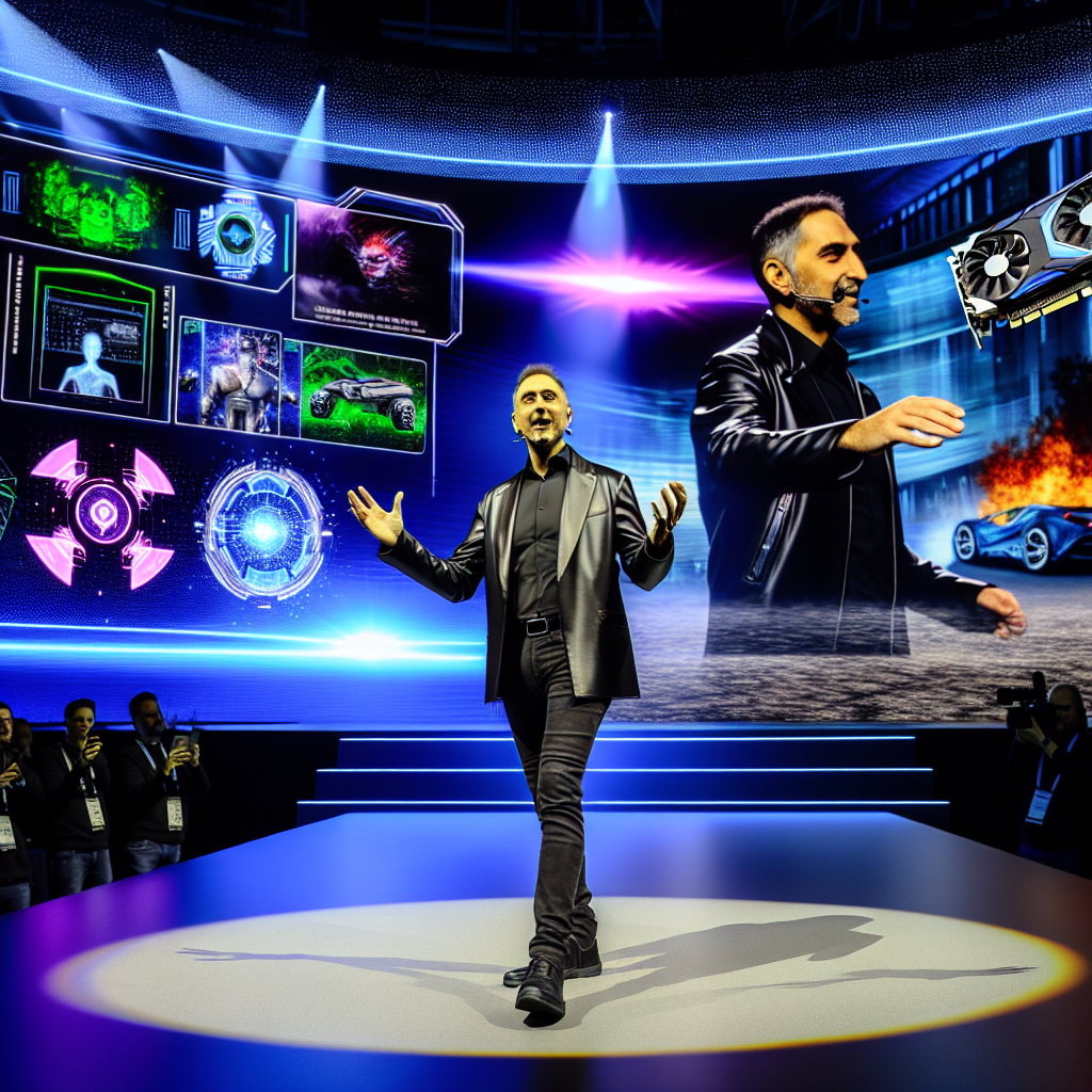**Billedbeskrivelse:** Billedet viser den dynamiske scene under CES 2025, hvor Jensen Huang, CEO for NVIDIA, står i centrum og præsenterer den seneste teknologi inden for kunstig intelligens og gaming. Han er klædt i en stilren sort skinnjakke og en lys hvid skjorte, hvilket fremhæver hans autoritet og energi. Huang gestikulerer passioneret med den højre hånd, mens han med den venstre hånd holder et avanceret grafikkort, som tydeligt er en del af NVIDIA's GeForce RTX 50-serie. Den futuristiske baggrund domineres af en stor LED-skærm, der udsender farvestærke animationer og infografikker, som visualiserer det, Huang beskriver. Grafikkerne inkluderer billeder af AI-teknologi, autonome køretøjer og robotter, skabt i fantastiske detaljer, hvilket gør det klart, at han præsenterer banebrydende udviklinger. Belysningen er intens, der skaber skarpe kontraster, der fremhæver hans ansigtstræk og udstråler entusiasme. Publikum, som består af teknologiinteresserede, journalister og entusiaster, er tydeligt fanget af præsentationen. Baggrunden viser en række ansigtstræk, der spænder fra forundring til nysgerrighed, mens nogle tilskuere optager øjeblikket på deres smartphones. Deres ansigtstræk og påklædning afspejler den moderne, stilfulde teknologiæstetik. Foran scenen ligger der grafisk materiale og banners, der forskellige AI-løsninger, som Huang diskuterer. Der er også et par futuristisk designede grafikkort, som fungerer som visuelle ankre for emnet. Hele indretningen og stemningen i konferencehallen udstråler innovation og fremskridt, hvilket gør dette hyperdetaljerede billede perfekt til at illustrere NVIDIA's vision for fremtiden.