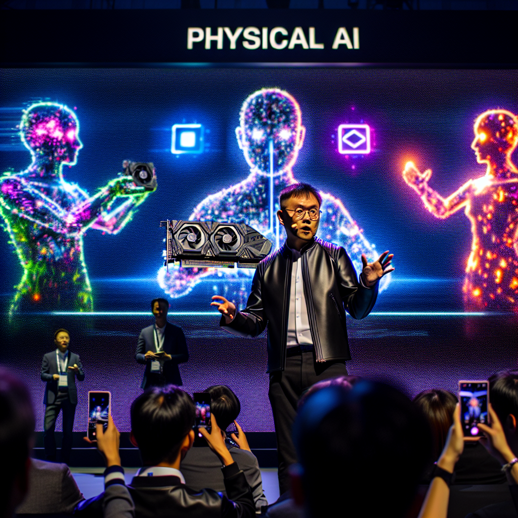 **Billedbeskrivelse:** Billedet fanger et øjeblik fra NVIDIA's CES 2025 præsentation, hvor CEO Jensen Huang står på scenen med et glimt af futuristisk teknologi i baggrunden. Huang er iført en moderne sort skinnjakke og en hvid skjorte, der står i skarp kontrast til det livlige LED-display bag ham. På skærmen vises komplekse grafikker og animationer, der visualiserer det koncept, han diskuterer, 