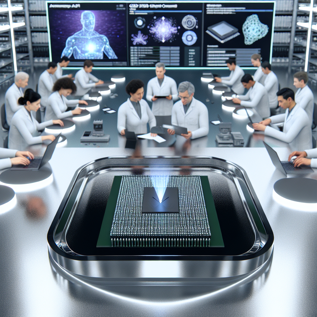 **Billedbeskrivelse:** Forestil dig et hyper-detaljeret og realistisk billede af Nvidia's banebrydende fremskridt inden for AI-teknologi. I centrum er den nyeste chip, GB200 NVL72, strategisk placeret på en elegant glasplade, som er belyst af indbyggede LED-lys. Disse lys fremhæver chipens præcise og komplekse design, der stråler i nuancer af gråt og sølv. De mange transistorer på chippen glitrer som små stjerner i det bløde lys, og visualiseringen tydeligt viser den teknologiske finesse. Til højre for chippen står en moderne digital skærm, som præsenterer realtidsdata med hurtige opdateringer om ydeevne, hastighed og strømforbrug. Grafikken på skærmen viser en sammenligning med tidligere modeller såsom H100, hvilket understreger Nvidia's overlegne teknologiske fremskridt. I baggrunden ses et dynamisk team af ingeniører, som arbejder fokuseret ved deres arbejdsstationer. De bærer moderne lab-coats og er dybt optaget af laptops og tablets, hvor de analyserer data og diskuterer innovative AI-applikationer. Ansigtsudtrykkene udstråler både koncentration og begejstring, mens de interagerer med den avancerede teknologi i et lysfyldt, futuristisk laboratorium. Væggene i laboratoriet er prydet med avancerede diagrammer og grafikker, der skildrer skaleringslove inden for AI, og illustrerer hvordan Nvidia's chips overgår Moore's lov. Hologrammer svæver over arbejdsstationerne og viser 3D-modeller af AI-algoritmer og chip-arkitektur, hvilket skaber en atmosfære af inspiration og innovation. Det samlede billede indfanger essensen af et teknologisk revolutionerende miljø, hvor ambitioner og skabertrang mødes. Det inviterer seeren til at forstå ikke blot Nvidia's teknologiske præstationer, men også den passion og det samarbejde, der driver innovationen fremad i tech-verdenen. Dette visuelt slående billede er det perfekte supplement til artiklen, der dykker ned i Nvidia's afgørende rolle i AI-udviklingen.
