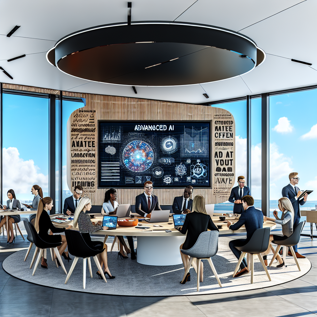 **Billedbeskrivelse til foto:** Billedet fanger en dynamisk og moderne arbejdsplads, hvor en gruppe engagerede professionelle står omkring et interaktivt digitalt whiteboard. Det store, cirkulære bord i centeret af rummet er fyldt med laptops, tablets og noteskriveredskaber, der alle bærer spor af intense brainstorming-sessioner om Microsofts innovative AI-model Phi-4. Rummets vægge er prydet med inspirerende citater om teknologi og innovation, og store vinduer lader et strålende naturligt lys strømme ind, der giver energi til det kreative miljø. Gruppen af medarbejdere repræsenterer en mangfoldighed af etniciteter og køn; de er klædt i moderne, professionelt tøj, og deres ansigtstræk udstråler entusiasme og engagement. Nogle deltager aktivt i diskussionerne, mens andre koncentreret noterer indsigter på whiteboardet med farverige markører, osv. Deres blik er rettet mod den store skærm, som viser en kompleks grafisk illustration af dataanalytik og avancerede matematiske problemer, der understøtter modellens potentialer. Rummet bærer et minimalistisk design, hvor de stilrene møbler minder om nutidig arkitektur, hvilket skaber en atmosfære af innovation. Der er også en synlig tidslinje over tidligere AI-innovationer hængende på væggen, og en kaffestation i hjørnet kanaliserer den uformelle networking og samarbejde, der er kendetegnende for professionelt miljøer. Dette billede indkapsler essensen af den åbne tilgang til AI og den kreative proces bag udviklingen af Phi-4, hvilket illustrerer betydningen af samarbejde og kommunikation i teknologisk innovation.
