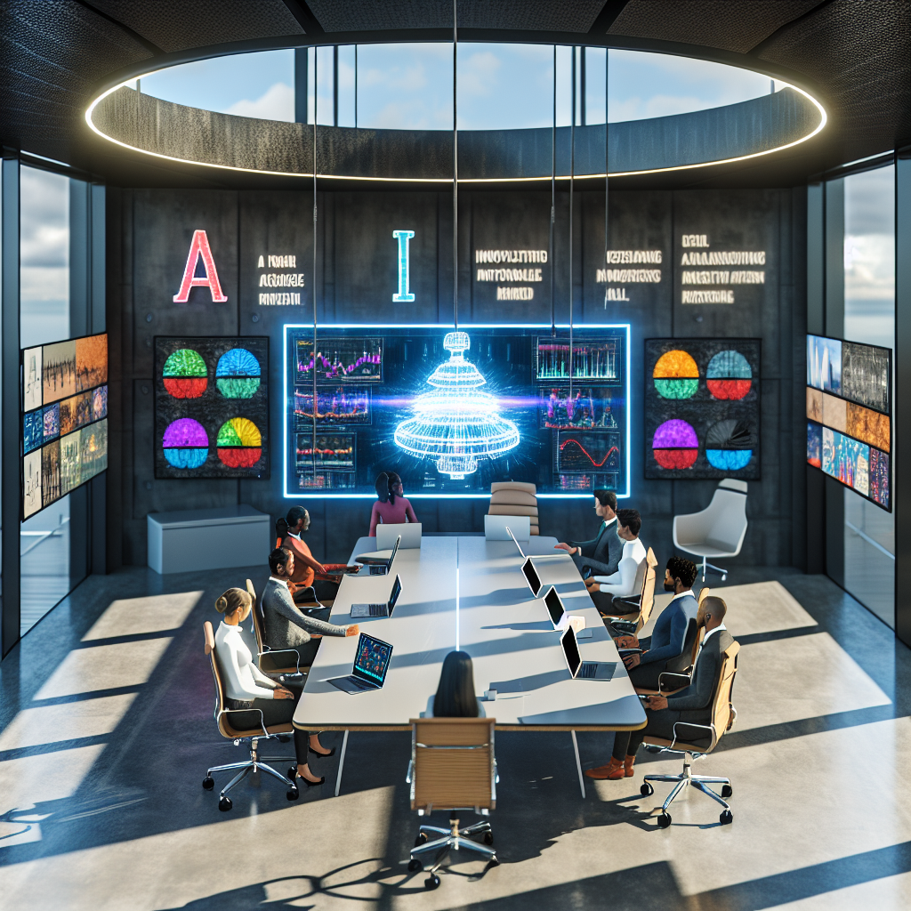 **Billedbeskrivelse til foto:** Billedet fanger et futuristisk og sofistikeret kontormiljø, der er centrum for innovation og teknologi. I midten af rummet står et stort, rektangulært konferencebord, fyldt med laptops og tablets, som viser komplekse dataanalyser og grafiske repræsentationer relateret til Microsofts AI-model, Phi-4. Over bordet hænger en stor skærm, der udstråler lys og viser en farverig animérbar grafik af en matematisk algoritme, hvilket symboliserer modellens styrke inden for komplekse matematiske problemstillinger. Rummet er oplyst af naturligt lys, der strømmer ind gennem store panoramavinduer, og skaber en klar og indbydende atmosfære. Væggene er prydet med inspirerende plakater med citater om innovation og samarbejde, der tilføjer en kreativ dimension til lokalet. En væg er dedikeret til præsentation af vigtige milepæle inden for AI, som fungerer som en tidslinje for teknologiens udvikling. En gruppe på fem mennesker med forskellig etnicitet og køn er engagerede i en dynamisk diskussion. Nogle sidder ved bordet med farverige markører og forbinder synspunkter på et glas-whiteboard, mens andre står foran skærmen og peger på dataene, der præsenteres. Deres ansigtstræk viser spænding og beslutsomhed, hvilket afspejler det høje engagement i udviklingen af Phi-4. Alt i rummet er designet med en minimalistisk stil, hvor de moderne møbler og det åbne layout understøtter en atmosfære af samarbejde og kreativitet. I et hjørne står en kaffestation, der indbyder til uformelle samtaler og idéudvekslinger, hvilket er en essentiel del af det professionelle miljø. Dette billede indkapsler essensen af, hvordan tilgængelige AI-teknologier som Phi-4 kan skabe nye muligheder for innovation og problemløsning i erhvervslivet.
