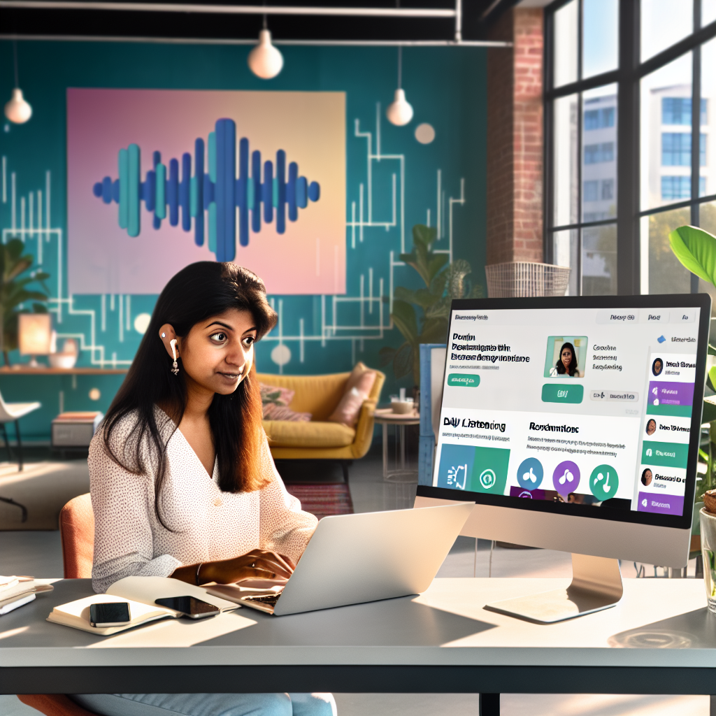 Billedbeskrivelse: Et stilrent og moderne kontormiljø fyldt med lys og farverigt interiør, hvor en ung kvinde sidder koncentreret ved en computer. Hun er iført en let, casual beklædning, og hendes ansigt udtrykker nysgerrighed og engagement, mens hun interagerer med Google-appen på sin laptop. Skærmen viser en livlig og intuitiv grænseflade af Daily Listen-funktionen, med ikoner for podcasts og en oversigt over de nyeste anbefalinger, der passer til hendes interesser. I baggrunden ses en plantestilling med grønne planter, der tilføjer liv til rummet, samt et vindue med naturligt lys, der strømmer ind. Et vægmaleri af digitale bølger symboliserer sammenkoblingen af teknologi og nyhedsformidling. På skrivebordet ligger en åben notesbog og en telefon, der viser aktuel nyhedsindhold, hvilket understreger det moderne medieforbrug. Atmosfæren er inspirerende og moderne, der fanger essensen af innovación og personalisering i det daglige liv.