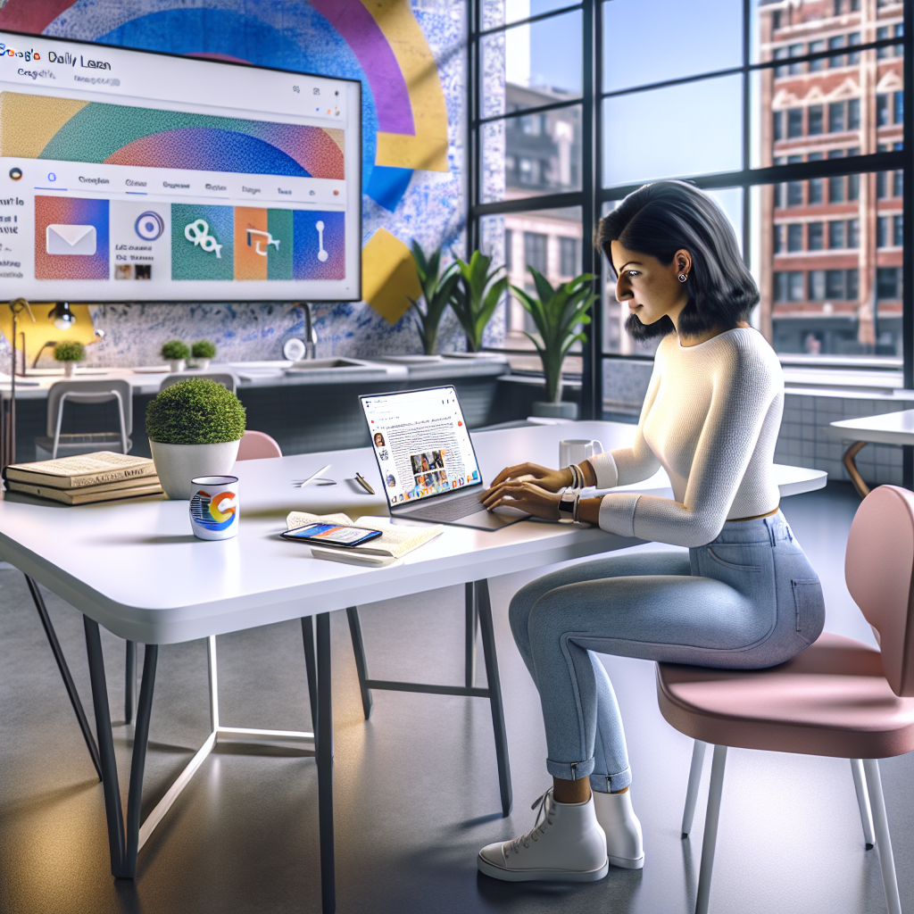 Billedbeskrivelse: Et hyperdetaljeret, realistisk foto af et moderne kontormiljø, hvor en ung kvinde sidder dybt koncentreret ved sin laptop. Hendes lette, casual beklædning i pastelfarver står i kontrast til det stilrene og farverige interiør, som omfatter en minimalistisk skrivebordsopsætning med en glat, hvid overflade. Skærmen på hendes laptop lyser op i ansigtet og viser en dynamisk grænseflade for Google Daily Listen, fyldt med ikoner for forskellige podcasts og en oversigt over skræddersyede nyheder. Den unge kvindes ansigt udtrykker nysgerrighed og engagement, mens hun interagerer med appen, der tydeligvis tilpasser sig hendes interesser. I baggrunden er der et stort vindue, der lader naturligt lys strømme ind og oplyser rummet, mens grønne planter på en stilfuld plantestilling tilføjer liv og en følelse af friskhed. Væggen prydes med et inspirerende vægmaleri, der illustrerer digitale bølger og medieinnovation. På skrivebordet ligger en åben notesbog fyldt med håndskrevne notater samt en smartphone, der viser aktuel nyhedsindhold, hvilket understreger den moderne og interaktive medieoplevelse. Atmosfæren i rummet er en kombination af kreativitet og teknologi, hvilket perfekt indkapsler essensen af personalisering og innovation i det daglige liv.