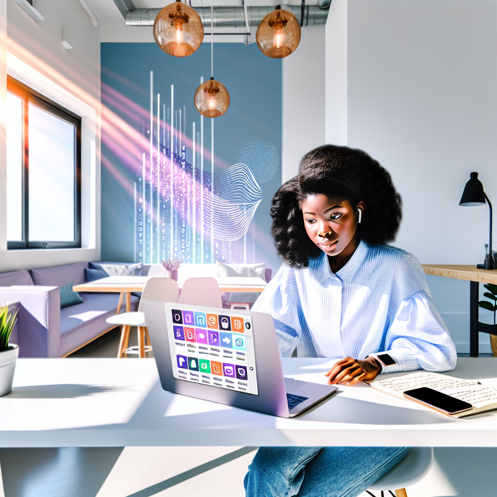 **Billedbeskrivelse:** Et hyperdetaljeret, ultrarealistisk foto af en ung kvinde, der sidder ved et moderne kontor med elegante designelementer. Rummet er lyst og indbydende, præget af et minimalistisk interiør med bløde farver. Kvinden, der har mørkt, bølget hår, er iført en stilig, lyseblå bluse og denimbukser, som står i kontrast til den hvide overflade på skrivebordet. Hun er dybt optaget af sin laptop, hvor skærmen lyser ansigtet op og viser en livlig grænseflade af Google Daily Listen-funktionen. På skærmen ses farverige ikoner for podcasts og en oversigt, der tydeligt afspejler hendes personlige nyhedspræferencer. Lysstråler strømmer ind fra et stort vindue i baggrunden og fremhæver de grønne planter, der står på en stilfuld plantestilling, hvilket bringer et pust af liv ind i rummet. En moderne lampe hænger ned over skrivebordet, der også er indrettet med en åben notesbog med håndskrevne notater og en smartphone, der viser aktuelle nyhedsopdateringer. Væggen bag hende prydes af et inspirerende vægmaleri af digitale bølger, symboliserende den teknologiske og mediemæssige innovation, der definerer hendes arbejdsplads. Atmosfæren er præget af kreativitet og teknologi, hvilket fanger essensen af Googles innovative tilgang til personalisering og mediekonsumtion i det moderne liv.