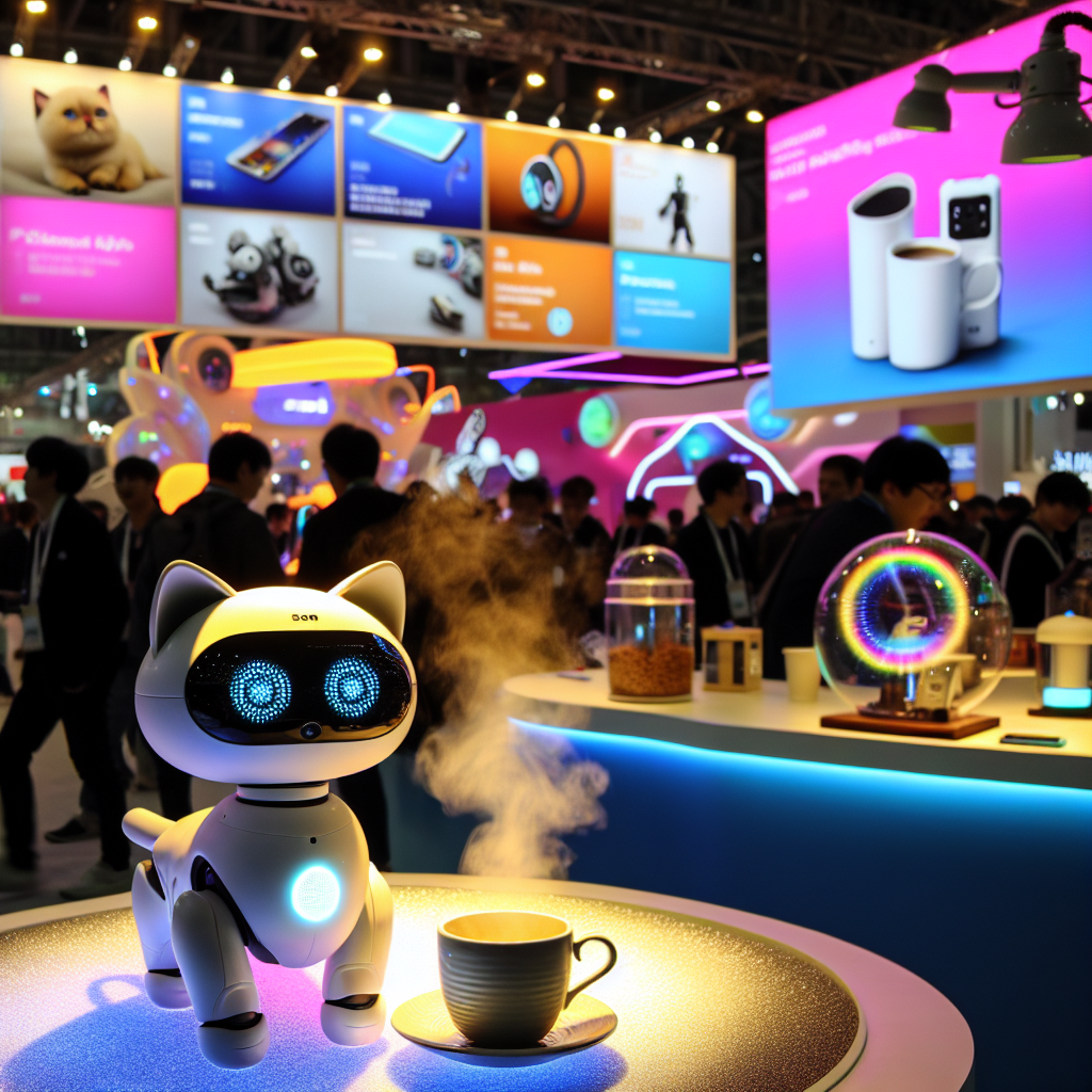**Billedbeskrivelse:** Et detaljeret foto af en travl CES 2025 messehaller, hvor mennesker bevæger sig energisk omkring imponerende udstillinger. I forgrunden står en lille robotkat, Yukai Engineerings Nékojita FuFu, i en manøvrerbar og attraktiv design med bløde kurver og en sød, katteagtig ansigtstræk. Den er udstyret med en lille ventilator, der blæser let på en dampende kop kaffe placeret foran den, hvilket viser dens funktionalitet. Den varme damp svæver op i luften, og robotkatten er omgivet af nysgerrige besøgende, der griner og tager billeder. I baggrunden ses farverige bannerne fra andre udstillere, der præsenterer futuristiske gadgets og AI-løsninger. Belyste skærme viser interessante demos af avanceret teknologi, mens gæsterne interagerer med avancerede enheder som wearable devices og krydderimaskiner. Atmosfæren er elektrisk, fyldt med begejstring og nysgerrighed. Lyset fra de forskellige udstillinger spiller på overfladerne, hvilket skaber en dynamisk og inspirerende scene, perfekt til at illustrere CES 2025's blanding af innovation og underholdning.