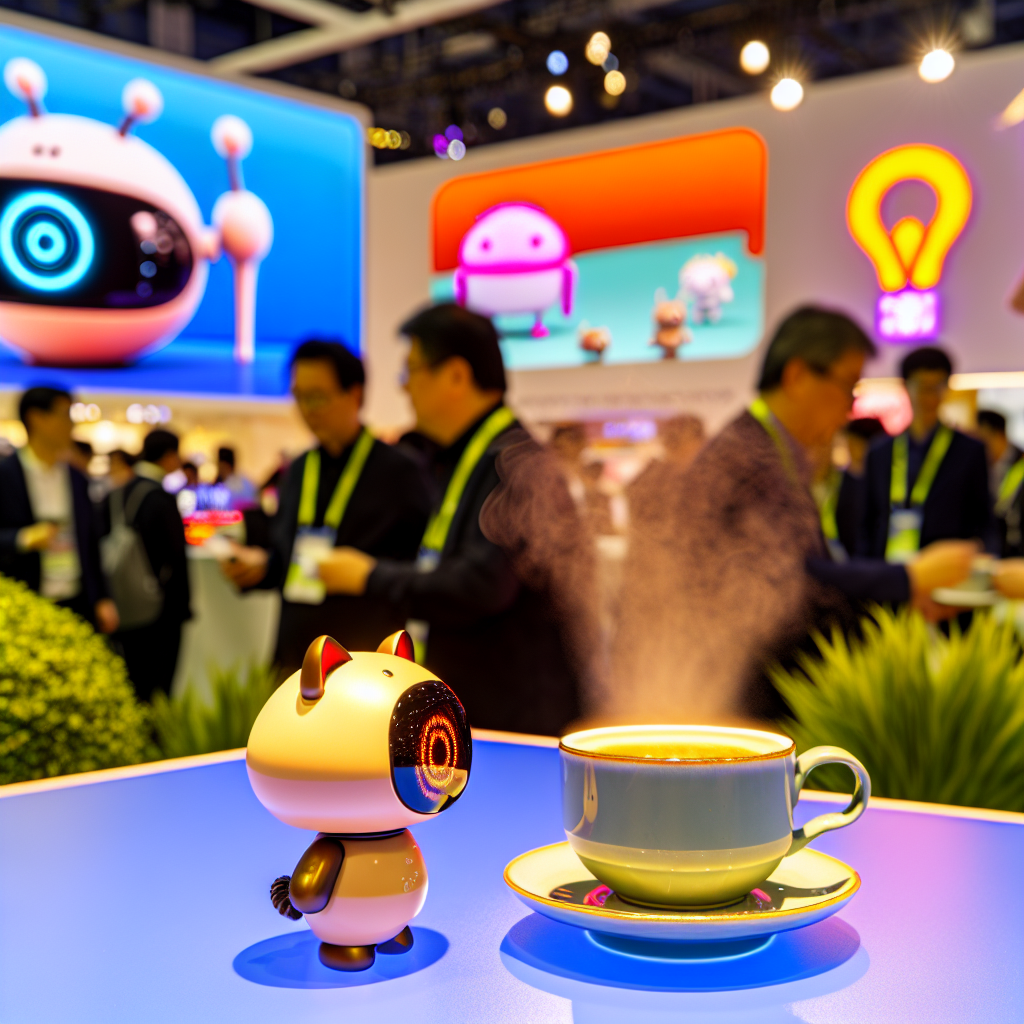 **Billedbeskrivelse:** Et hyperdetaljeret foto af en livlig messehjerne under CES 2025, der fanger essensen af innovation og teknologi. I forgrunden ser vi Yukai Engineerings Nékojita FuFu, en lille robotkat i stilfuldt design med en blød krop og et sødt ansigtstræk, der udstråler charme. Den står foran en dampende kop kaffe, hvor dens lille ventilator beroligende puster luft mod overfladen, hvilket skaber en fin tåge af damp der svæver op i luften. Robotkatten er omgivet af en gruppe nysgerrige besøgende, der griner og tager billeder, deres ansigtstræk præget af fascination og undren. Baggrunden er fyldt med farverige banners og illuminerede skærme fra de mange udstillere, der præsenterer innovative gadgets og AI-løsninger. Skærmene lyser op med demonstrationer af avanceret teknologi, mens folk interagerer med en bred vifte af enheder, fra wearable tech til specialdesignede krydderimaskiner. Atmosfæren er elektrisk med en synlig buzz af aktivitet, og lyset fra udstillingerne kaster glitrende refleksioner på glatte overflader, hvilket skaber en livlig og dynamisk scene. Denne komposition formidler ikke blot den teknologiske fremdrift, men også den menneskelige forbindelse og begejstring, der præger CES 2025.