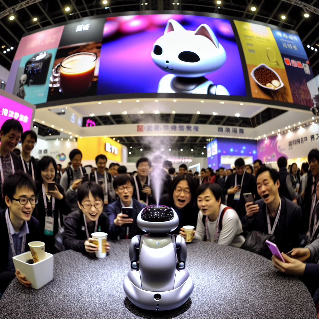 **Billedbeskrivelse:** Et hyperdetaljeret foto af en livlig messehaller under CES 2025, der fanger essensen af innovation og teknologi. I forgrunden ser vi Yukai Engineerings Nékojita FuFu, en lille robotkat designet med glatte kurver og et indbydende, katteagtigt ansigtstræk, der udstråler charme og venlighed. Den står centralt foran en dampende kop kaffe, mens dens lille, diskrete ventilator let puster luft mod overfladen af drikkevaren, hvilket skaber en svag, fin tåge af damp, der elegant svæver op i luften. Robotkatten omkranses af en gruppe nysgerrige besøgende i forskellige aldre, der griner, snakker og tager billeder, med ansigtstræk præget af fascination og undren. Nogle hæver deres smartphones for at fange det unikke øjeblik, mens andre kigger nærmere på robotten med et smil. I baggrunden prydes messehallen af farverige bannere og illuminerede skærme fra mange forskellige udstillere, som viser deres innovative gadgets og AI-løsninger. Skærmene blinker med demonstrationer af avanceret teknologi, og gæsterne interagerer med et væld af enheder, fra wearable tech til de specielle krydderimaskiner. Atmosfæren er elektrisk, gennemsyret af en synlig buzz af aktivitet og spænding. Lys fra de forskellige udstillinger kaster glitrende refleksioner på de glatte overflader og skaber en livlig, dynamisk scene. Hele billedet udstråler en følelse af fremtidig inspiration og menneskelig forbindelse ved CES 2025, som ikke kun viser teknologiske fremskridt, men også den fælles begejstring, der driver innovationsånden fremad.
