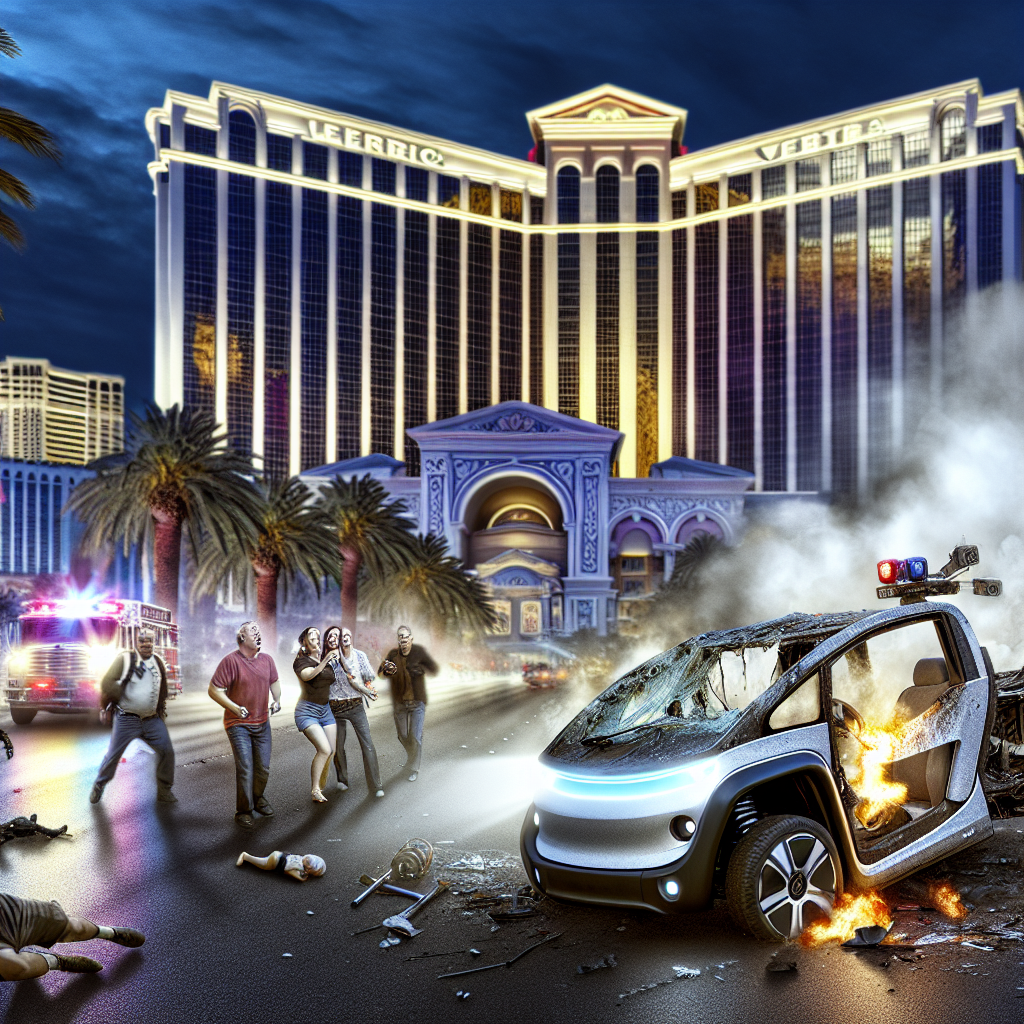 **Billedbeskrivelse:** Et dramatisk og realistisk fotografi af Trump International Hotel i Las Vegas, hvor en Tesla Cybertruck er blevet ramt af en eksplosion. Billedet fanger det øjeblikkelige efterspil af hændelsen; røgen stiger op fra forreste del af bilen, mens flammerne endnu smuldrer, og glødende metal klæber til vagten på bilens chassis. I forgrunden står en gruppe skræmte mennesker; nogle har handlet ud af panik, mens andre ser chokerede ud og tager billeder med deres smartphones. Bag dem kan man skimte hotellet med sine lysende neon-skilt og det karakteristiske design, der står i kontrast til den tragiske hændelse. Langt væk, i baggrunden, ses sirenerne fra policerkøretøjer, der blinker, og redningspersonale, der hastigt bevæger sig mod stedet. Den overordnede stemning på billedet er præget af en blanding af sorg og forvirring, med en skarp fokus på detaljerne i eksplosionens ødelæggelser, der rejses vigtige spørgsmål omkring ansvar og konsekvenser af teknologi, der illustrerer det kritiske tema i artiklen om AI's rolle i samfundet.