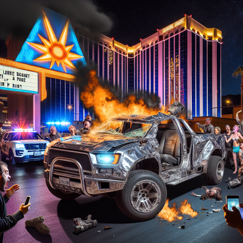**Billedbeskrivelse:** Et hyperrealistisk foto af den dramatiske scene uden for Trump International Hotel i Las Vegas i de sene nattetimer. I centrum af billedet ligger en Tesla Cybertruck, der er blevet ramt af en voldsom eksplosion; køretøjet viser tydelige tegn på ødelæggelse med røg, der voldsomt stiger fra dets forkromede chassis, og flammerne krejsende op mod den stjerneklar nattehimmel. Bilen er bucklet og tildækket af smeltet metal, der ifølge de glødende brændstofrester glinser i en intens orange farve. I forgrunden er der en gruppe mennesker, der fungerer som vidner til hændelsen. Deres ansigtstræk er udtryk for en blanding af frygt, forvirring og panik; nogle af dem skriger, mens andre holder deres smartphones højt over deres hoveder for at dokumentere situationen. Lysene fra hotellets neonskilt skaber et surrealistisk skær, der lyser den mørke gade og kontrastrerer det chokerende syn i forgrunden. Bag denne intense scene ses politi- og ambulancer, der hurtigt rykker frem til stedet. Deres blinkende sirener kaster røde og blå skygger, der blander sig med den opstigende røg. I baggrunden eksisterer et skæbnesvangert skyggearbejde af Las Vegas' berømte neonlys, der ellers står for glamour og fest, men i denne kontekst forstærker en følelse af uro og sorg. Billedet indfanger det umiddelbare efterspil af en tragisk hændelse, der rejser essentielle spørgsmål om ansvar, etiske valg og teknologisk brug i vores moderne samfund, og det inviterer seeren til at reflektere over de komplekse forbindelser mellem menneskelig handling og teknologiens konsekvenser.