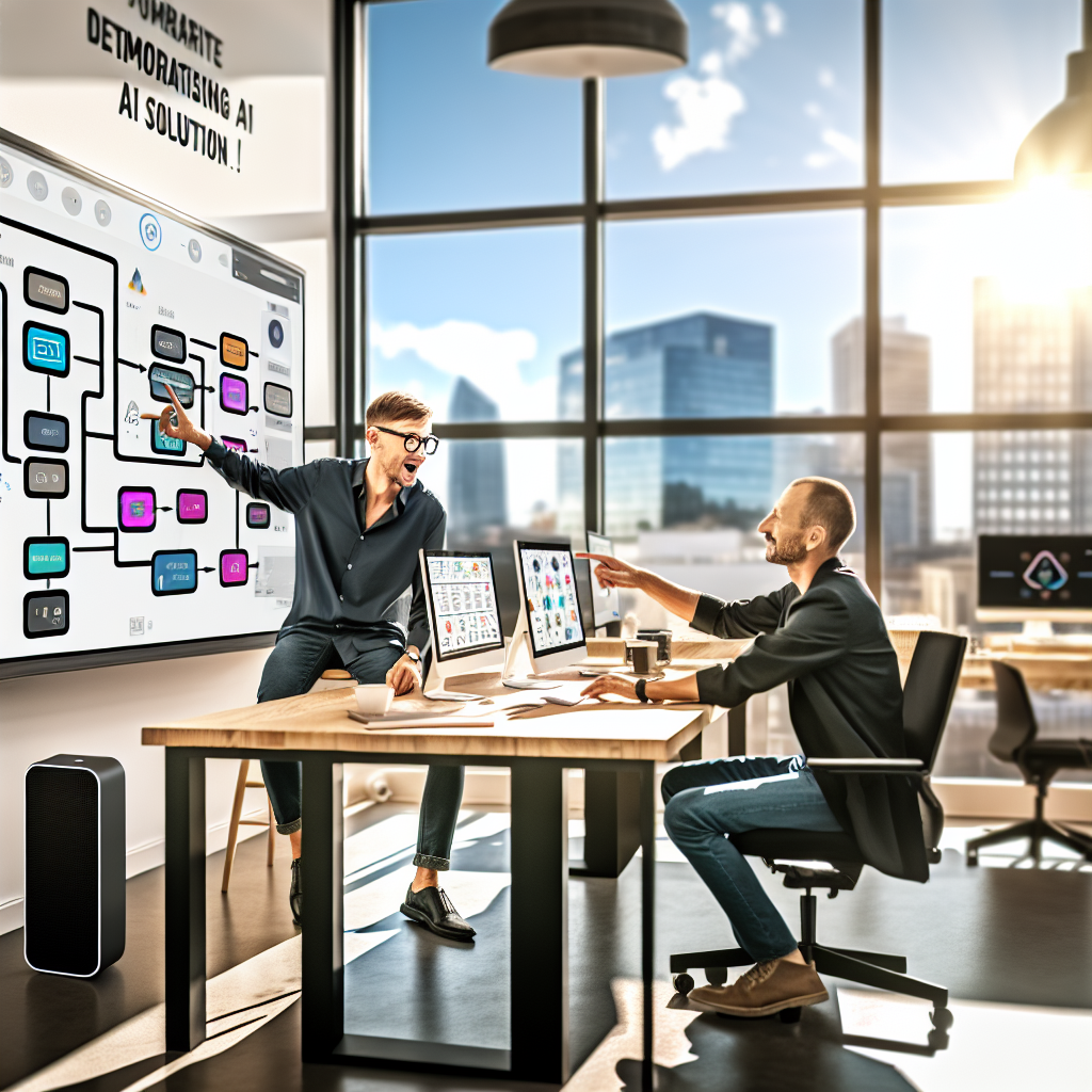 **Foto Beskrivelse:** Billedet viser et moderne kontormiljø, hvor to mænd, Max Brodeur-Urbas og Rahul Behal, arbejder sammen over en stor, interaktiv skærm, der præsenterer et visuelt workflow-diagram. Skærmen er fyldt med farverige drag-and-drop moduler, der illustrerer, hvordan deres AI-baserede løsning fungerer. I baggrunden ses en lys, åbent kontorlandskab med højteknologiske arbejdsstationer, der er fyldt med laptops og gadgets. Sollyset strømmer ind gennem store vinduer, der giver udsigt til en by med høje bygninger og et pulserende liv udenfor. Max, iført en stilfuld mørkeblå skjorte og briller, peger entusiastisk på skærmen, mens han forklarer et koncept til Rahul, der sidder med et notatblok og skriver hurtigt. Rahul har en afslappet sort T-shirt på og ser fokuseret ud, hvilket afspejler den intense koncentration og begejstring, der præger deres samtale. Detaljer som kaffekopper, der står på bordet, og en smart speaker i hjørnet tilføjer et personligt præg til rummet. På væggene hænger nogle inspirerende citater om innovation og teknologi, som understøtter virksomhedens mål om at demokratisere AI. Billedet fanger essensen af teamwork og kreativitet, der driver Gumloops vision fremad, og symboliserer den spændende rejse mod at forenkle komplekse arbejdsgange med banebrydende teknologi.