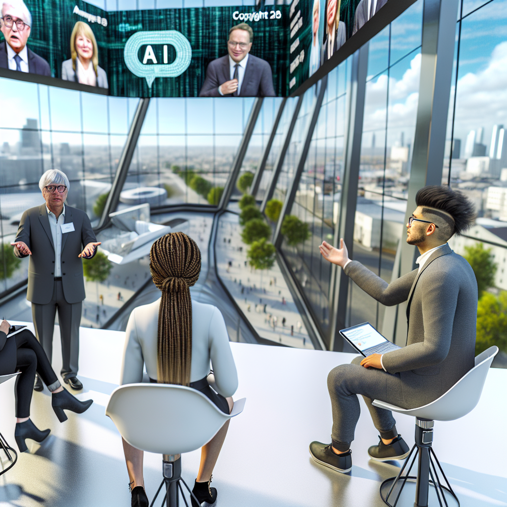 **Billedbeskrivelse:** Et hyperdetaljeret og realistisk fotografi, der indfanger øjeblikket fra en spændende paneldebat om AI og ophavsret, afholdt i et moderne konferencecenter. Scenen er præget af et lyst, stilrent auditorium med høje lofter og store panoramavinduer, der giver udsigt til en dynamisk bysilhuet med grønne parker og travle gadekryds. På scenen står fire paneldeltagere, en mangfoldighed af mænd og kvinder fra forskellige baggrunde. Den første deltager, en middelaldrende mand med gråt hår og briller, taler engageret ind i en mikrofon, mens han gestikulerer med hænderne for at understrege sine pointer om etiske retningslinjer for AI. Til siden sidder en ung kvinde med en kreativ frisure, der ivrigt tager noter på sin laptop, mens hun lytter opmærksomt. Ved siden af dem sidder en ældre dame med en skarp, professionel fremtoning, klædt i en elegant blazer, som nikker bekræftende og klarer sig i de komplekse emner om intellektuelle ejendomsretter. Den fjerde deltager, en tech-iværksætter med tatoveringer og casual påklædning, deler sin erfaring med AI's indflydelse på kreativitet, og skaber en kontrast til de mere formelle talere. I forgrunden anvendes teknologiske hjælpemidler; en stor skærm viser grafer og statistikker, der illustrerer dataindsamling og AI-træning i realtid. Publikum, der består af studerende, forskere og branchefolk, sidder opmærksomt og tager noter. En håndfuld tilhørere er dybt engagerede; et par unge mænd hvisker hinanden imellem. Atmosfæren er elektrisk, fyldt med både spænding og alvor, der skridter ud i stuen, da den dybe diskussion om respekt for ophavsret og de etiske ansvar i den digitale tidsalder udfolder sig. Billedet indfanger ikke blot den nuværende debat, men også det presserende behov for klare retningslinjer i en teknologisk fremtid, hvor grænserne mellem kunstnerisk skabelse og AI's datadrevne læring bliver mere og mere uklar.