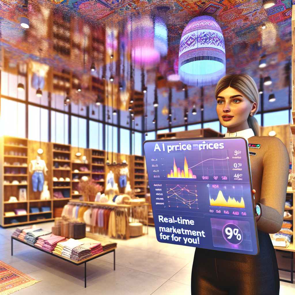 **Billedbeskrivelse:** Dette hyperdetaljerede foto viser en moderne detailbutik med en boheme-inspireret indretning, som emmer af dynamik og teknologi. I forgrunden ses en salgsassistent midt i en interaktiv prissætningssession med sin tablet, hvor avanceret AI-software er åbnet. Skærmen viser grafer og analyser, der illustrerer realtime-priser på forskellige varer. Den unge kvinde, iført en smart uniform med logoet fra butikken, ser koncentreret ud, mens hun interagerer med programmet. I baggrunden kan man se diverse produkthylder fyldt med farverigt merchandise – fra tøj og accessories til elektroniske apparater. Hver vare har en skærm, der viser de dynamiske priser, der ændrer sig i takt med udviklingen på skærmen hos salgsassistenten. Øjet fanges også af et stort vindue, hvor sollyset strømmer ind og skaber en varm atmosfære, der kombinerer det fysiske detailmiljø med den digitale revolution. Rundt omkring i butikken hænger skilte, der fremhæver fordelene ved AI-prisfastsættelse, såsom 