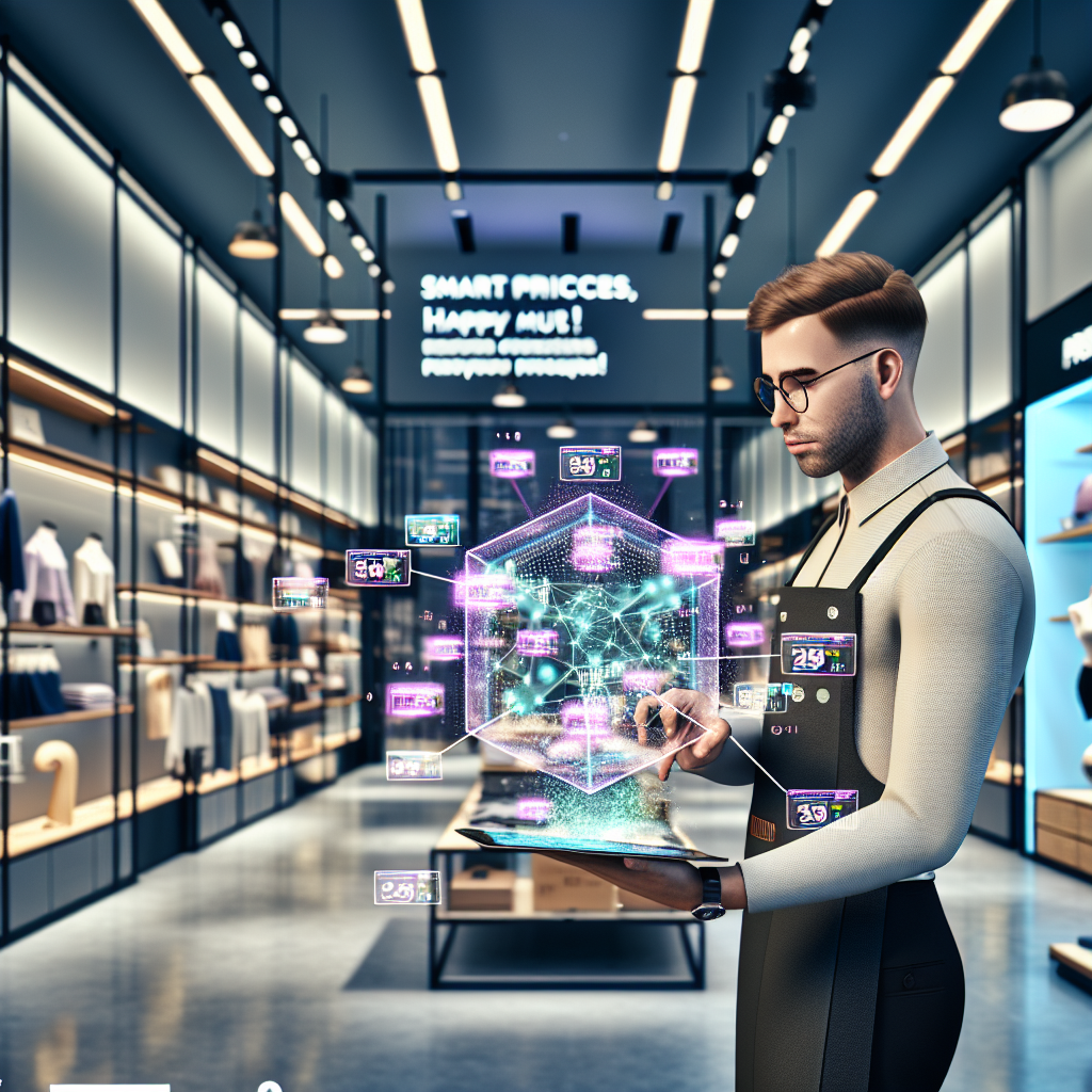 **Billedbeskrivelse:** Dette hyperdetaljerede foto skildrer en travl detailbutik fra et perspektiv, der indfanger den pulserende atmosfære af det moderne handelsmiljø. I forgrunden ses en ung mand med brunt hår og briller, klædt i en stilfuld uniform med butikkens logo, dybt engageret i sin tablet. På skærmen præsenteres komplekse data og visuelle repræsentationer af AI-drevne prisjusteringer, som dynamisk tilpasses i takt med ændringer i markedet. Hans ansigtstræk viser koncentration og beslutsomhed, mens han optimerer priserne på populære produkter. I baggrunden kan man se elegante produktpræsentationer, hvor hylderne bugner af forskelligt merchandise - fra moderigtige tøj til moderne gadgets - hver med digitale displays, der viser skiftende priser. Lyssettingen er indbydende, med store panoramavinduer, der lader sollys strømme ind og kaster bløde refleksioner over de glinsende overflader. Skiltene, der hænger fra loftet, fremhæver fordelene ved den nye AI-teknologi, såsom 
