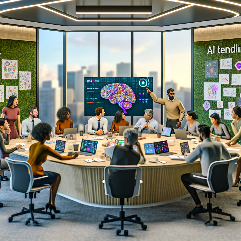**Foto Beskrivelse:** Billedet viser en moderne kontormiljø hos Google, hvor et team af forskere og udviklere engagerer sig i en brainstormsession om AI-teknologier. I midten af billedet er en stor, oval bordstruktur, der er dækket med laptops, notesbøger og farverige visuelle præsentationer. De ansatte, der repræsenterer forskellige etniciteter og køn, er dybt koncentrerede og diskuterer ivrigt, mens de peger på en interaktiv skærm, der viser komplekse AI-algoritmer og datamodeller. Væggene er prydet med inspirerende citater om innovation og samarbejde, sammen med greenwall planter, der tilføjer et friskt pust til miljøet. Særlige detaljer som et konceptuelt whiteboard, der viser ideer og skitser, giver dybde til rummet. Belysningen er varm og indbydende, men også funktionel, hvilket fremhæver de travle ansigtstræk hos deltagerne. I baggrunden ses et vindue med udsigt over en solfyldt bylandskab, hvilket symboliserer potentialet for fremtidens teknologi. Dette hyperrealistiske billede indfanger essensen af Googles lederskab og deres vision for at fremme innovative AI-løsninger gennem effektiv samarbejde. Det står som en visuel repræsentation af den tid, hvor forskningen bliver til praktiske anvendelser, der vil forme fremtiden.