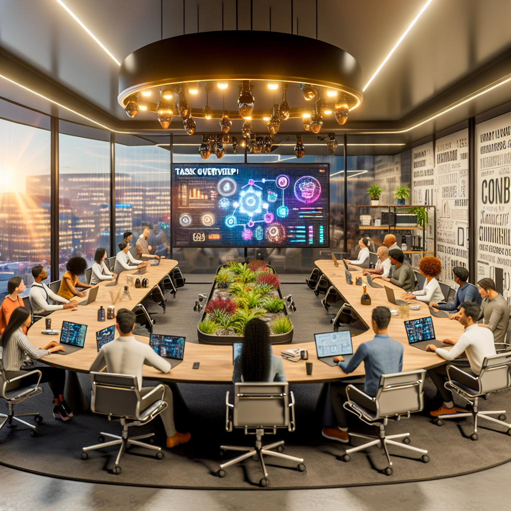 **Foto Beskrivelse:** Billedet viser et moderne, åbent kontormiljø hos Google, indrettet med fokus på innovation og samarbejde. I centrum af billedet står et stort, ovalt konferencebord dækket med diverse laptops, farverige notesbøger og avancerede skitser af AI-opgaver. Rundt om bordet er et mangfoldigt team af forskere og udviklere, der aktivt deltager i en kreativ brainstormsession. Deltagerne repræsenterer forskellige kulturer og etniciteter, hvilket understreger Googles engagement i diversitet. Nogle er dybt koncentrerede, mens andre gestikulerer energisk, idet de peger på en stor interaktiv skærm, der præsenterer kompleks AI-dataanalyse og algoritmer. Baggrunden prydes af vægge dekoreret med inspirerende citater om innovation og samarbejde, samt en række grønne planter, der bringer liv og friskhed til rummet. Et stort vindue løber langs den ene væg og giver en strålende udsigt over en solbelyst by, der symboliserer mulighederne og potentiale i fremtidens teknologi. Belysningen i rummet er varm og indbydende, men også strategisk placeret for at sikre, at alle ansigtstræk er klart synlige, hvilket fremhæver den intense fokus og passion i deltagerne. I skuffen er der en oversigt over opgaver og koncepter, der vil give indtryk af en travl, men produktiv atmosfære. Dette hyperrealistiske billede illustrerer ikke blot Googles lederskab inden for AI-udvikling, men indfanger også essensen af, hvordan forskning kommer til liv gennem aktivt samarbejde og kreativitet i et dynamisk arbejdsrum. Det står som en visuel manifestation af forvandlingen fra koncept til praktisk anvendelse i den hastigt udviklende verden af kunstig intelligens.