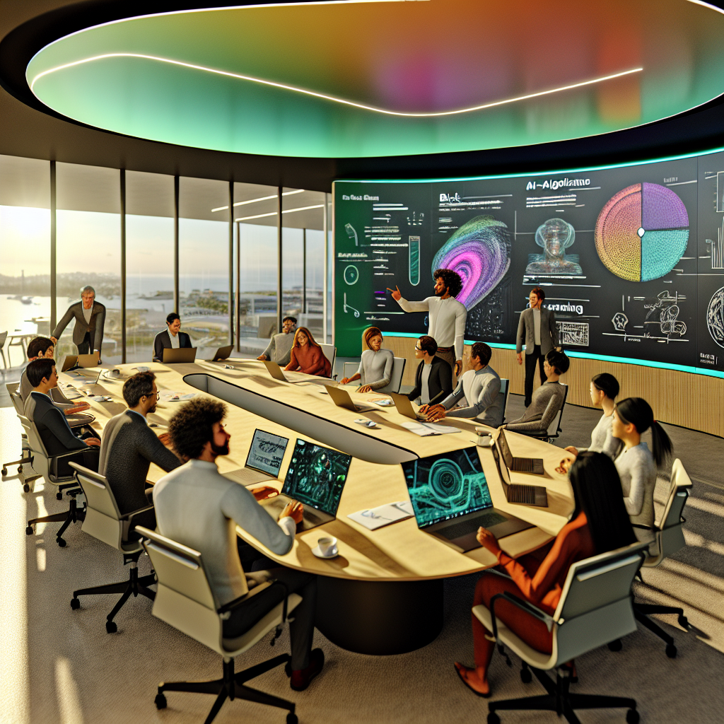 **Foto Beskrivelse:** Dette hyperrealistiske billede indfanger essensen af Googles innovative og dynamiske kontormiljø, hvor en intensiv brainstormsession finder sted. I centrum er et stort, ovalt konferencebord med en bred vifte af laptops og kreative skitseblokke, alt sammen omkranset af et etnisk og kulturelt mangfoldigt team af ingeniører og forskere. Disse professionelle er dybt engagerede i diskussionen, gestikulerende og pegende på den store interaktive skærm, hvor komplekse AI-algoritmer og dataanalyse præsenteres. Belysningen i rummet skaber en varm og indbydende atmosfære, og de ansatte viser en palet af følelser fra koncentration til begejstring. Væggene er prydet med store, inspirerende plakater, der fremhæver innovation og samarbejde, mens grønne planter i hjørnerne giver liv og friskhed til det moderne interiør. Et stort vindue strækker sig langs den ene væg, der tilbyder en spektakulær udsigt over en solbelyst by, hvilket symboliserer de muligheder, som fremtidens teknologi rummer. I baggrunden kan man skimte et whiteboard dækket med idéer og skitser, der tilføjer et element af kreativitet og brainstorm, hvilket skaber en autentisk følelse af et travlt kreativt rum. Dette billede fungerer som en visuel repræsentation af Googles strategiske skift mod effektiviseret AI-udvikling, og det indfanger den passion og engagement, der præger virksomhedens tilgang til fremtidens teknologi.