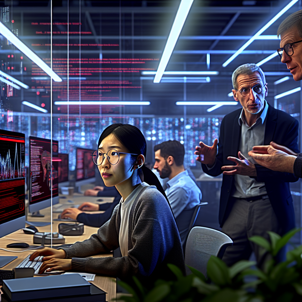 **Billedbeskrivelse:** Et dramatisk og højteknologisk kontormiljø, hvor en gruppe diverse medarbejdere fra Microsoft arbejder intenst ved deres stationer. I forgrunden ses en ung, asiatisk kvinde i briller, der koncentreret kigger på sin computer, hvor komplekse datadiagrammer og kode ses tydeligt på skærmen. Hendes ansigt lyser op i skæret fra skærmen, som om hun opdager noget vigtigt. I midten af billedet står en midaldrende, hvid mand med kort hår og briller, der gestikulerer med en hånd og taler med et presset ansigt til en gruppe kollegaer, der lytter opmærksomt. Den nervøse atmosfære rettes mod den store, digitale skærm på væggen i baggrunden, der viser en graf med faldende tillid i AI-teknologi ved brug af rød farvekode, hvilket symboliserer de udfordringer, virksomheden står overfor. Rummet har moderne interiør med glasvægge, der giver et indblik i det hektiske arbejde, der finder sted. Lysene er kraftige, og der er planter strategisk placeret for at give liv til den teknologiske atmosfære. På et nærliggende bord ligger bøger om AI-sikkerhed og etik, der signalerer virksomhedens engagement i ansvarlig teknologiudvikling. Samlet set skaber billedet en fortælling om intensitet, samarbejde og de udfordringer, som Microsoft møder i bestræbelserne på at beskytte deres teknologi mod misbrug, og det sender en stærk visuel besked om vigtigheden af sikkerhed i AI-økosystemet.