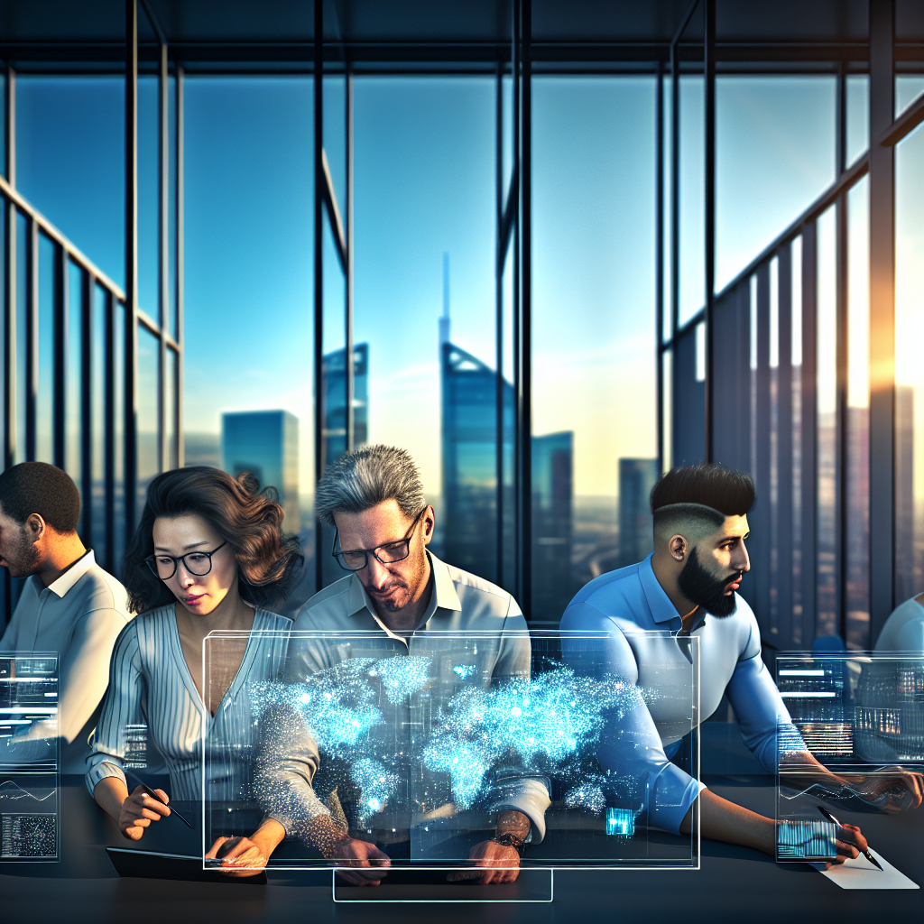 **Billedbeskrivelse:** Et ultradetaljeret, realistisk billede af et moderne kontor, der symboliserer interaktionen mellem mennesker og teknologi i en innovativ arbejdsplads. I midten af billedet står tre mænd og to kvinder – en divers gruppe medarbejdere, der ifører sig business casual tøj. De er koncentrerede om, hvad der præsenteres på en stor, interaktiv touchscreen, som viser komplekse datadiagrammer og AI-analyser, der blinker med opdateret information. Foran skærmen sidder en kvinde med bølger af brunt hår og briller, der intensivt skriver noter på sin tablet, mens hun kompletsætte V og peger på skærmen med sin højre hånd for at fremhæve en vigtig statistik. Ved siden af hende er en mand med kort, mørkt hår iført en blå skjorte, der åbner sin bærbare computer, hvor en avanceret AI-software kører. Hans ansigt lyser op af skærmens strålende lys, da han fordyber sig i dataanalysen. Baggrunden prydes af et væld af glasvægge, der giver udsyn til en urban skyline med høje bygninger og en klar blå himmel. De store vinduer lader masser af naturligt lys strømme ind og kaster blødt lys over kontoret. Væggene er dekoreret med farverige plakater, der bærer citater om innovation og fremskridt, hvilket skaber en inspirerende atmosfære. Rummets indretning fremhæver moderne teknologiske enheder som vægmonterede skærme, der viser realtidsdata, og et samarbejdsværelse med ergonomiske møbler, der opfordrer til kreativitet og teamwork. Farverne i rummet spænder fra beroligende nuancer af hvid og grå til livlige farver som grøn og blå, som giver en følelse af både professionalisme og kreativitet. Billedet indfanger essensen af den moderne arbejdsplads, hvor medarbejdere samarbejder om at udnytte AI-teknologiens potentiale, med fokus på hvordan teknologi kan komplementere menneskelige evner i skabelsen af en mere dynamisk og produktiv arbejdsplads. Denne scene symboliserer den optimistiske fremtid, hvor menneskelig kreativitet og AI arbejde hånd i hånd for at forme det kommende arbejdsmarked.