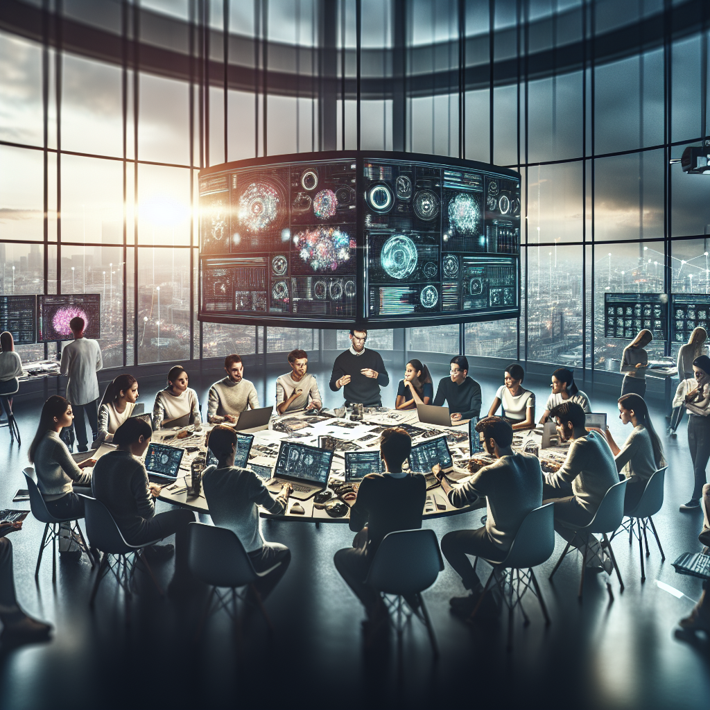 **Billedbeskrivelse:** Forestil dig et dramatisk og inspirerende foto, der skildrer det pulserende miljø i en moderne teknologivirksomhed. I forgrunden ses en gruppe talentfulde ingeniører og forskere, der dybt koncentreret sidder omkring et stort, rundt bord fyldt med laptops, skitser og avanceret hardware. Deres ansigtstræk udstråler passion og dedikation, da de sammen brainstormer og diskuterer innovative ideer til nye AI-teknologier. I baggrunden hænger der store vinduer, der slipper lys ind og giver udsigt til en skyline af en moderne by, hvilket symboliserer global teknologi og innovation. Væggene er prydet med skærme, der viser infografikker og realtidsdata om AI-forskning og -udvikling – et visuelt bevis på Nvidias indflydelse og investeringer i AI-startups. Belysningen er blød, men fokuseret, hvilket fremhæver detaljerne i de enkelte ansigtstræk og udstyret – fra grafiske kort til komplekse diagrammer. Fotografiet er i absolut realistisk fotokvalitet og fanger den dynamiske atmosfære af kreativitet, samarbejde og teknologisk fremdrift. Det indfanger essensen af, hvordan Nvidia ikke blot er en aktør, men en drivkraft i AI-revolutionen, og fremstår som en central figur i den globale teknologiske udvikling.