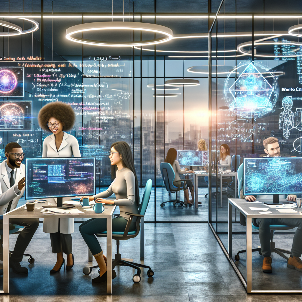 **Billedbeskrivelse:** Billedet illustrerer en futuristisk kontormiljø, hvor en gruppe forskere og ingeniører arbejder sammen omkring avancerede computere, omgivet af skærme der viser komplekse matematiske formler, kodningsskejer og dataanalyser. I midten af billedet ses en skærm, der præsenterer en visualisering af rStar-Math, med grafik der fremhæver dets integrerede Monte Carlo Tree Search og Chain of Thought mekanismer. Forskernes ansigtstræk udstråler koncentration og entusiasme, mens de diskuterer resultaterne af deres eksperimenter. Rummet er oplyst af bløde, moderne LED-lamper, der giver en behagelig atmosfære, mens glasvægge står som en barriere mellem dem og et åbent innovationsområde, hvor andre teams arbejder. Kaffe- og notatpapir er spredt ud på bordene, hvilket viser den intense arbejdsdynamik. I baggrunden ses en stor tavle med noter, skitser og diagrammer, der frit illustrerer brainstorming-processen. Detaljer som en blå sky der symboliserer innovation, og en grøn plante i hjørnet, der symboliserer bæredygtighed, tilføjer liv til billedet. Læg mærke til den skarpe fokus på skærmene, der reflekterer forskernes dybe engangement i at udvikle og optimere AI-løsninger, hvilket gør det til et billede, der perfekt fanger essensen af rStar-Math’s introduktion i AI-verdenen.