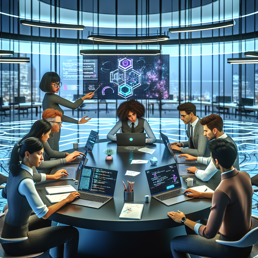 **Billedbeskrivelse:** Billedet fremstiller et moderne, futuristisk kontormiljø, hvor en dynamisk gruppe af forskere og ingeniører er samlet omkring et stort ovalt bord. De arbejder intenst på avancerede laptops, der viser komplekse matematiske formler og kodedata på deres skærme. I midten af billedet er der en stor interaktiv skærm, der viser en grafisk præsentation af rStar-Math, komplet med animationer, der fremhæver dens innovative Monte Carlo Tree Search og Chain of Thought-metoder. Forskernes ansigtstræk udstråler både koncentration og begejstring, mens de engageret diskuterer deres resultater. En af dem, en kvinde med kort mørkt hår, peger på skærmen med en laserpointer, mens hun præsenterer sine idéer for sit team. På bordet ligger notebooks fyldt med håndskrevne noter, farveblyanter og tomme kaffekopper, der vidner om deres lange dage med videnskabeligt arbejde. Rummet er oplyst af bløde, moderne LED-lamper, der skaber en varm og indbydende atmosfære. Bag forskerne kan man se glasvægge, der adskiller dem fra et innovativt arbejdsområde, hvor andre teams også er engageret i deres projekter. En stor tavle pryder væggen, fyldt med farverige skitser, diagrammer og noter, der illustrerer deres kreative brainstorming-processer. I hjørnet står en frodig grøn plante, der symboliserer bæredygtighed, mens en digital tidslinje på en væg viser projektets fremgang. Billedets detaljer giver en følelse af aktivitet og samarbejde, mens det skarpe fokus på skærmene klart indikerer deres dybe engagement i at udvikle AI-løsninger. Dette billede indfanger essensen af rStar-Math's introduktion i AI-verdenen og de banebrydende fremskridt, som denne model repræsenterer.