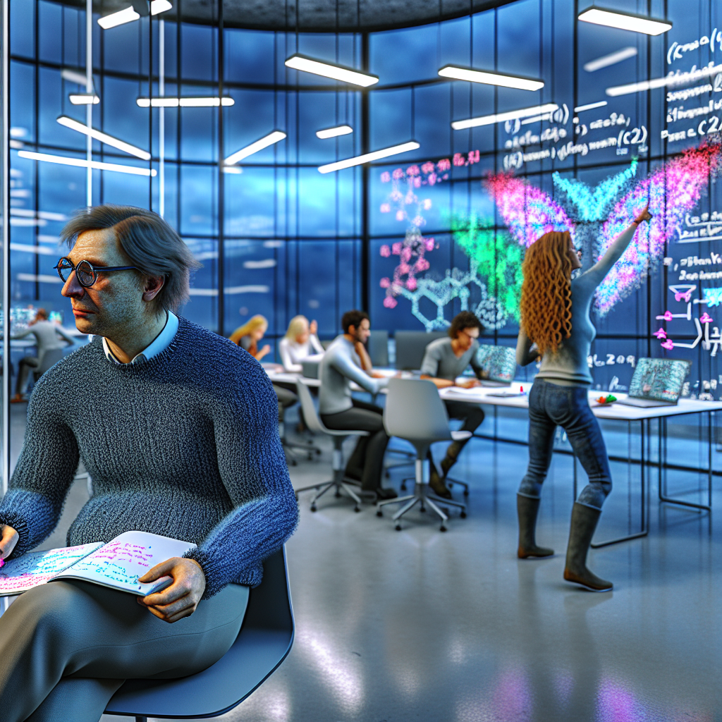 **Billedbeskrivelse:** Billedet fremviser et moderne, open space kontormiljø fyldt med lys og energi, hvor en forskergruppe er dybt engageret i deres arbejde på rStar-Math. I forgrunden sidder en mand med briller, iført en tætsiddende, mørkeblå sweater, koncentreret foran en skærm, der lyser op med farverige grafiske visualiseringer af matematiske formler og data. Hans hånd skriver hastigt noter i en både farverig og fyldt blok, mens en kvinde med langt, bølget hår peger ved siden af ham, ivrigt diskuterende et komplekst problem. I midten af rummet fremhæver en stor, interaktiv skærm rStar-Math’s avancerede funktioner med en dynamisk grafik, der illustrerer integrationen af Monte Carlo Tree Search og Chain of Thought-metoderne. Rummets vægge er designet med glas, der giver mulighed for at observere andre teams, der arbejder med lignende projekter, hvilket skaber en følelse af samarbejde og fællesskab. Belysningen fra de moderne LED-lamper bløder skyggerne og skaber en varm atmosfære. På bordene kan man se en blanding af laptops, tomme kaffekopper, notebooks fyldt med skitser og diagrammer, som vidner om den kreative proces. I baggrunden pryder en tavle det ene væg, dækket af post-it sedler, en blanding af komplekse skitser og brainstorming-noter. Rummets design genkender innovation med en række grønne planter, der tilføjer liv og symboliserer bæredygtighed. Detaljer som den synlige digitalur i hjørnet og en grafisk tidslinje, der fremviser projektets fremskridt, giver dybde til stemningen. Hver enkel detalje i billedet fanger den intense arbejdsdynamik og det samarbejdende ånd, der driver udviklingen af rStar-Math – en ægte repræsentation af fremskridt i AI-verdenen.
