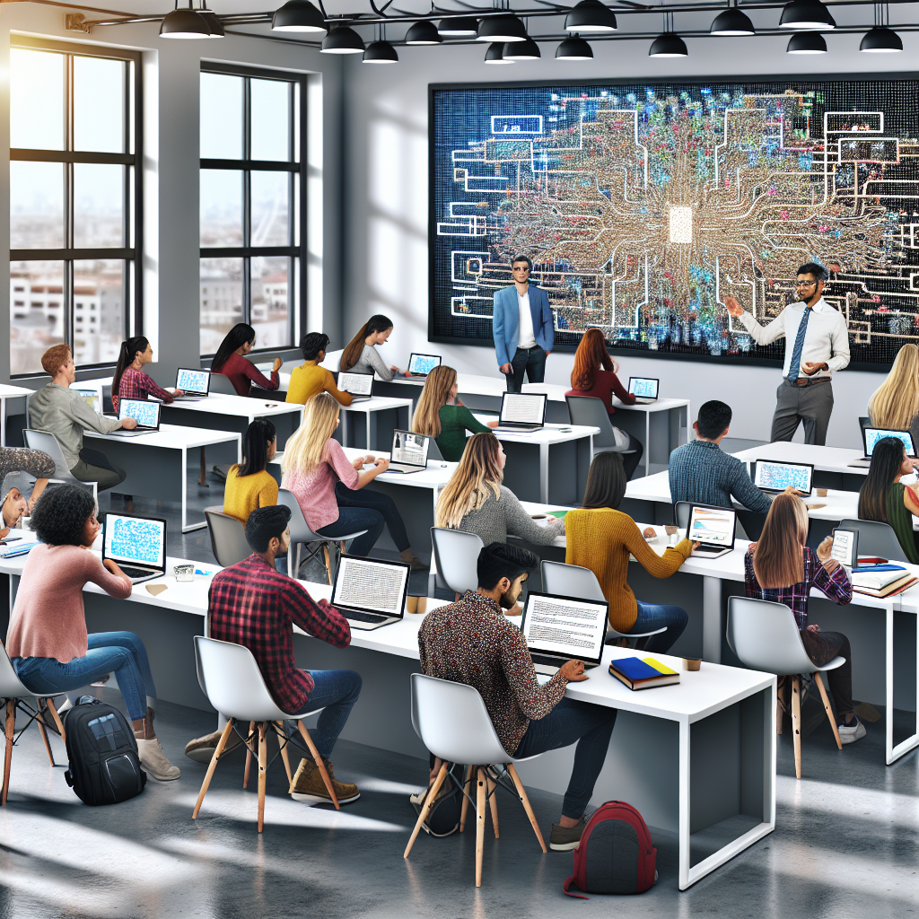 **Billedebeskrivelse:** Et hyperrealistisk foto, der illustrerer integrationen af store sprogmodeller (LLMs) i undervisnings- og læringsmiljøer. I billedet ses et moderne klasseværelse fyldt med studerende, der arbejder aktivt med laptops og tabletter. En kreativ lærer står i fronten og forklarer et komplekst emne om spørgsmålsgenerering, mens en stor skærm i baggrunden viser en visuel repræsentation af en LLM's arkitektur, der inkluderer grafiske elementer som neurale netværk og dataflow. Studenterne er varieret i alder, etnicitet og køn, hvilket fremhæver mangfoldigheden i klasseværelset. Nogle er dybt koncentrerede og tager noter, mens andre diskuterer livligt i grupper. Deres ansigtstræk og kropssprog udtrykker nysgerrighed og engagement i emnet. Belysningen i rummet er lys og indbydende, med naturligt lys, der strømmer ind gennem store vinduer, hvilket skaber en stimulerende atmosfære for læring. På skrivebordene er der bøger, farvepenne og skitser, der illustrerer de spørgsmål og svar, der genereres ved hjælp af LLMs. Dette billede fanger essensen af innovation i uddannelse og den transformative kraft af teknologi i læring.