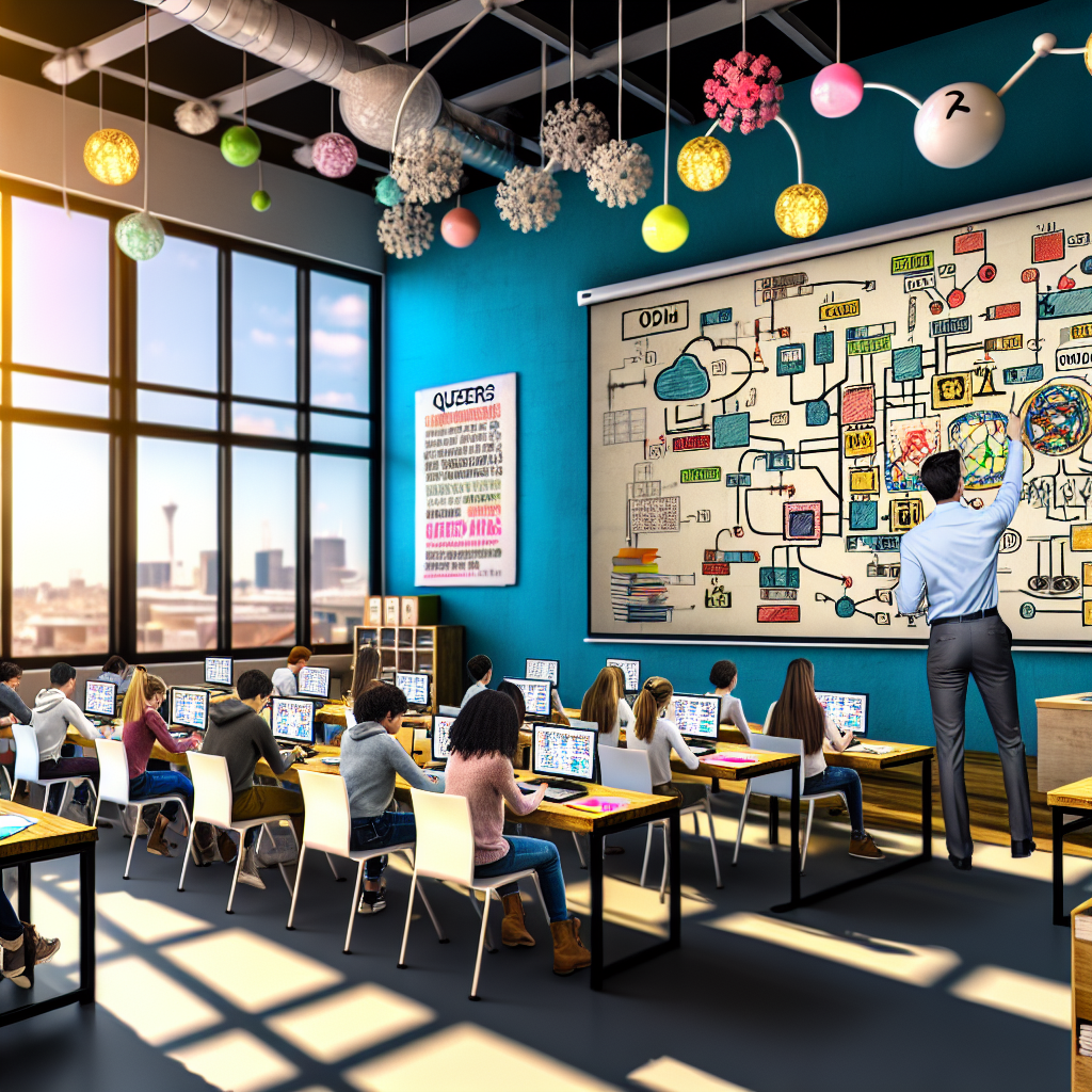 **Billedebeskrivelse:** Et hyperrealistisk foto, der fanger essensen af moderne undervisning og integrationen af store sprogmodeller (LLMs) i klasseværelset. Billedet viser et lyst og dynamisk klasseværelse med store vinduer, der lader naturligt lys strømme ind. I rummet står en engageret lærer foran en stor skærm, hvor komplekse diagrammer og grafik over LLM-arkitekturen er synlige, herunder illustrationer af neurale netværk og dataflow. I klasseværelset sidder en mangfoldig gruppe studerende, der aktivt arbejder med laptops og tablets. Nogle studerende er dybt koncentrerede og tager noter, mens andre diskuterer i små grupper, hvilket skaber en livlig og interaktiv atmosfære. De studerendes ansigtstræk og kropssprog viser nysgerrighed og entusiasme for emnet. Blandt de synlige materialer på skrivebordene ligger bøger, farvepenne og arbejdsark, der viser eksempler på spørgsmål genereret ved hjælp af LLMs. I baggrunden er der inspirerende plakater på væggene, der fremhæver vigtigheden af teknologi i læring. Der er en følelse af kreativitet og nysgerrighed, der gennemstrømmer rummet, og det hele er præget af en moderne, teknologisk fremtid med fokus på læring og innovation. Dette billede symboliserer den transformation, som LLMs kan bringe til uddannelsesverdenen, og dets potentiale til at forbedre både læring og spørgsmålsgenerering.