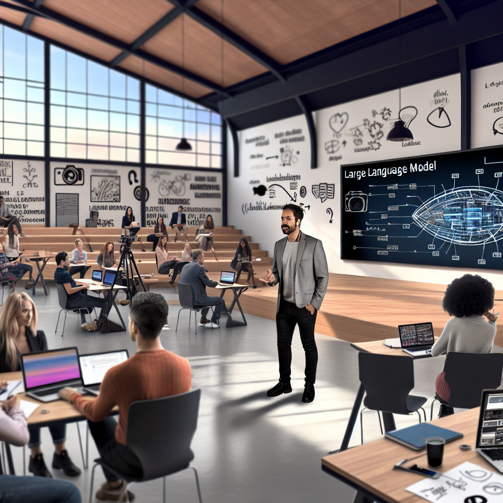 **Billedebeskrivelse:** Et hyperrealistisk foto, der illustrerer anvendelsen af store sprogmodeller (LLMs) i innovationsdrevet læring. Billedet viser en moderne konference- eller læringssal, hvor en engageret facilitator står foran en stor, interaktiv skærm, der viser en dynamisk grafisk fremstilling af LLM-arkitektur. Skærmen er fyllet med infografikker, der beskriver neurale netværk, databehandling og deres anvendelse i spørgsmålsgenerering. Deltagerne i billedet er en sammensætning af mennesker i forskellige aldre, etniciteter og køn, hvilket fremhæver mangfoldigheden i teknologibrugen. Nogle af deltagerne er dybt koncentrerede, mens de tager noter, mens andre engageret diskuterer de koncepter, der præsenteres. Deres ansigtstræk afspejler nysgerrighed, entusiasme og kritisk tænkning, og rummets livlige atmosfære fanges i deres interaktioner. Rummets indretning er moderne og indbydende, med store vinduer, der slipper naturligt lys ind, hvilket tilføjer en varm og inspirerende følelse til miljøet. På bordene foran deltagerne ligger der laptops, smartphones og skitser, der illustrerer kreative ideer til spørgsmålsgenerering relateret til LLMs. Inspirerende plakater og citater pryder væggene, hvilket styrker temaet for innovation og teknologi i læring. Billedet fanger et øjeblik, hvor læring og teknologi smelter sammen, og det afspejler den transformative effekt, som LLMs kan have på uddannelsessektoren, samt de udfordringer og muligheder, der følger med.