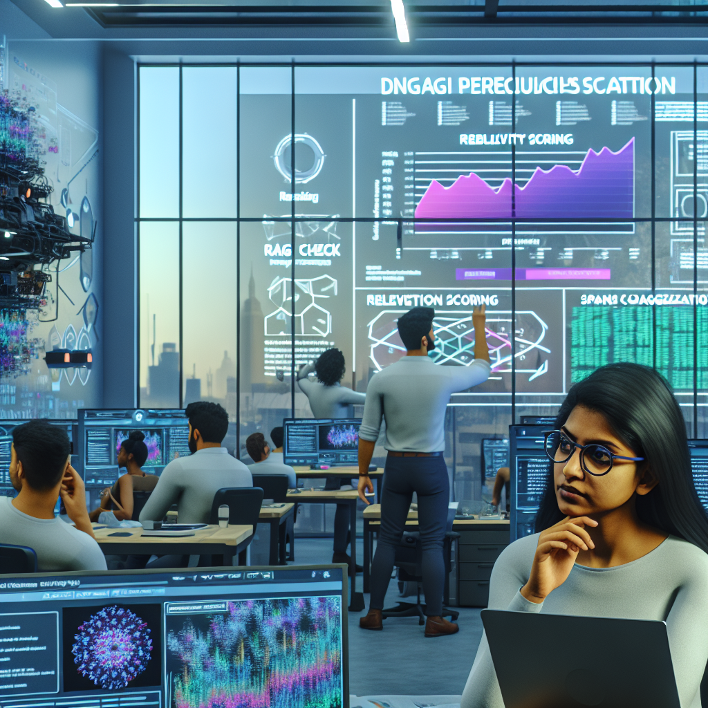 **Billedbeskrivelse:** Forestil dig et futuristisk kontormiljø, hvor et team af forskere og udviklere arbejder intensivt foran skærme, der lyser op med komplekse datasæt og grafiske visualiseringer. I forgrunden ses en ung kvinde med briller, der koncentreret analyserer data på sin laptop, hvor skærmen viser en graf med præcisionsmålinger, der stiger dramatisk fra 41% til 89,5%. Bag hende står en mand, der peger på en stor digital tavle, hvor der er skitseret en struktur for RAG-Check med tre komponenter: relevansscoring, span-kategorisering, og korrekthedsvurdering. Rummet er oplyst af naturligt lys, der strømmer ind gennem store vinduer, og der er avanceret teknologi såsom VR-headset og AI-assistenter, der giver en fornemmelse af det højteknologiske miljø. På væggene hænger motiverende plakater om innovation og samarbejde. I baggrunden ses en stor skærm, der præsenterer en live-demo af systemernes effektivitet, mens grupper af folk diskuterer energisk. Billedet formidler en følelse af fremskridt, samarbejde og den strøm af kreativitet, der driver udviklingen af løsninger mod hallucination i AI-systemer. Afgørende detaljer som diagrammer, noter og avancerede grafikker fylder rummet og giver en dybdegående forståelse af det komplekse arbejde der udføres.