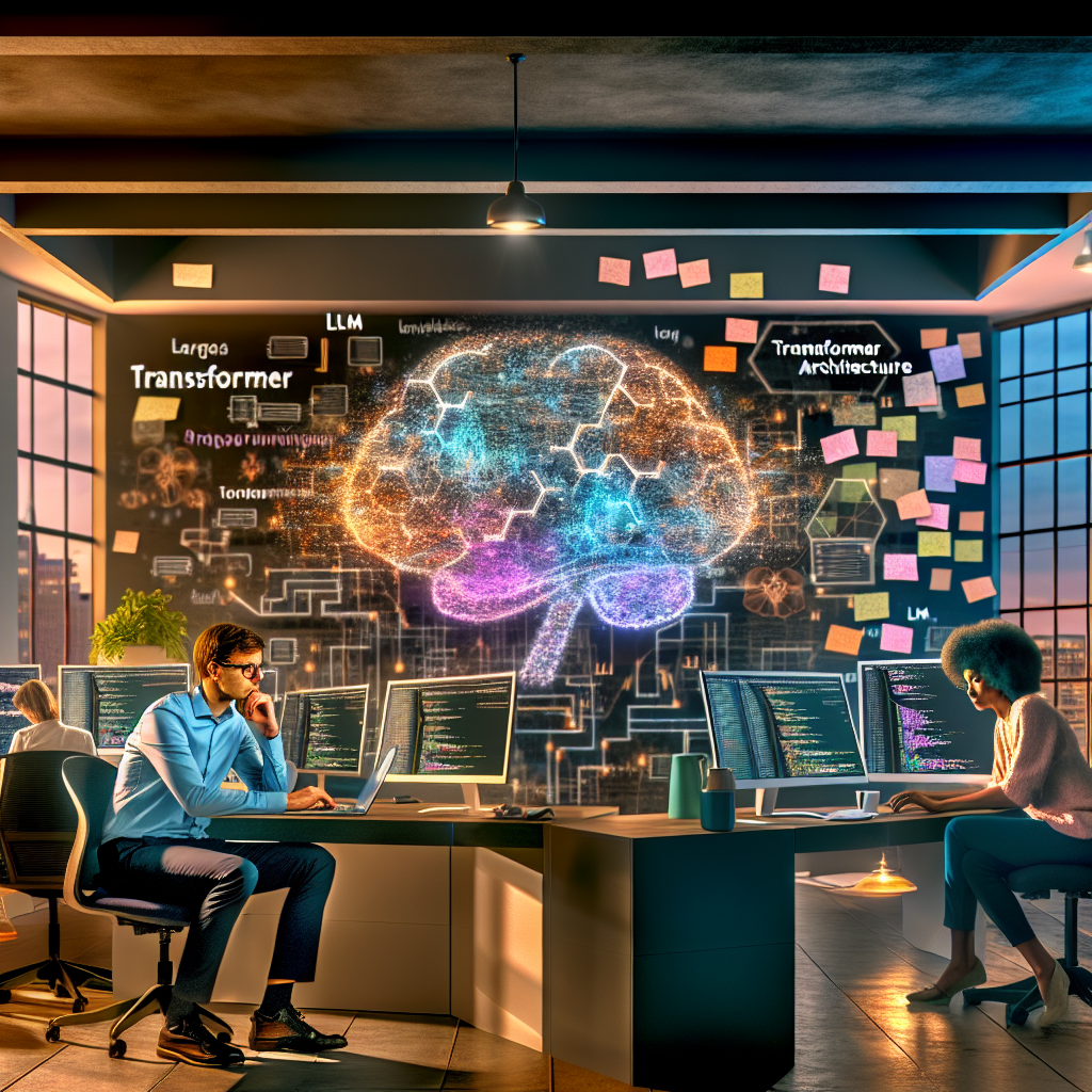 **Foto Beskrivelse:** Et dynamisk og inspirerende kontormiljø der skildrer en gruppe forskere og dataloger, der arbejder intensivt med kunstig intelligens og sprogforståelse. I midten af billedet står en stor, moderne skærm med en grafisk repræsentation af et neuralt netværk og dataflowet i en Large Language Model (LLM). Skærmen lyser op i det nedtonede rum, der er prydet med planter og innovative designede møbler. Til venstre ses en mandlig forsker med briller og en blå skjorte, dybt koncentreret, mens han kigger på koden på sin bærbare computer mod en væg fyldt med farverige post-its og whiteboard-diagrammer, der illustrerer koncepter om Transformer-arkitekturen. På højre side sidder en kvindelig datalog i en kreativ tænkeposition, mens hun noterer observationer i en notesbog; hendes skærm viser en AI-genereret tekst. Belysningen i rummet er blød og varm, hvilket skaber en indbydende stemning, og der er en åben vinduesvæg, der lader naturligt lys strømme ind, hvilket reflekterer en følelse af åbenhed og innovation. I baggrunden ses et moderne bibliotek med bøger om maskinlæring og AI-studier, og et par kolleger engagerer sig i en livlig samtale om potentielle anvendelser af LLM’er i sundhedssektoren. Dette billede afspejler den kreative energi og det teamwork, der driver den moderne forskning inden for kunstig intelligens.