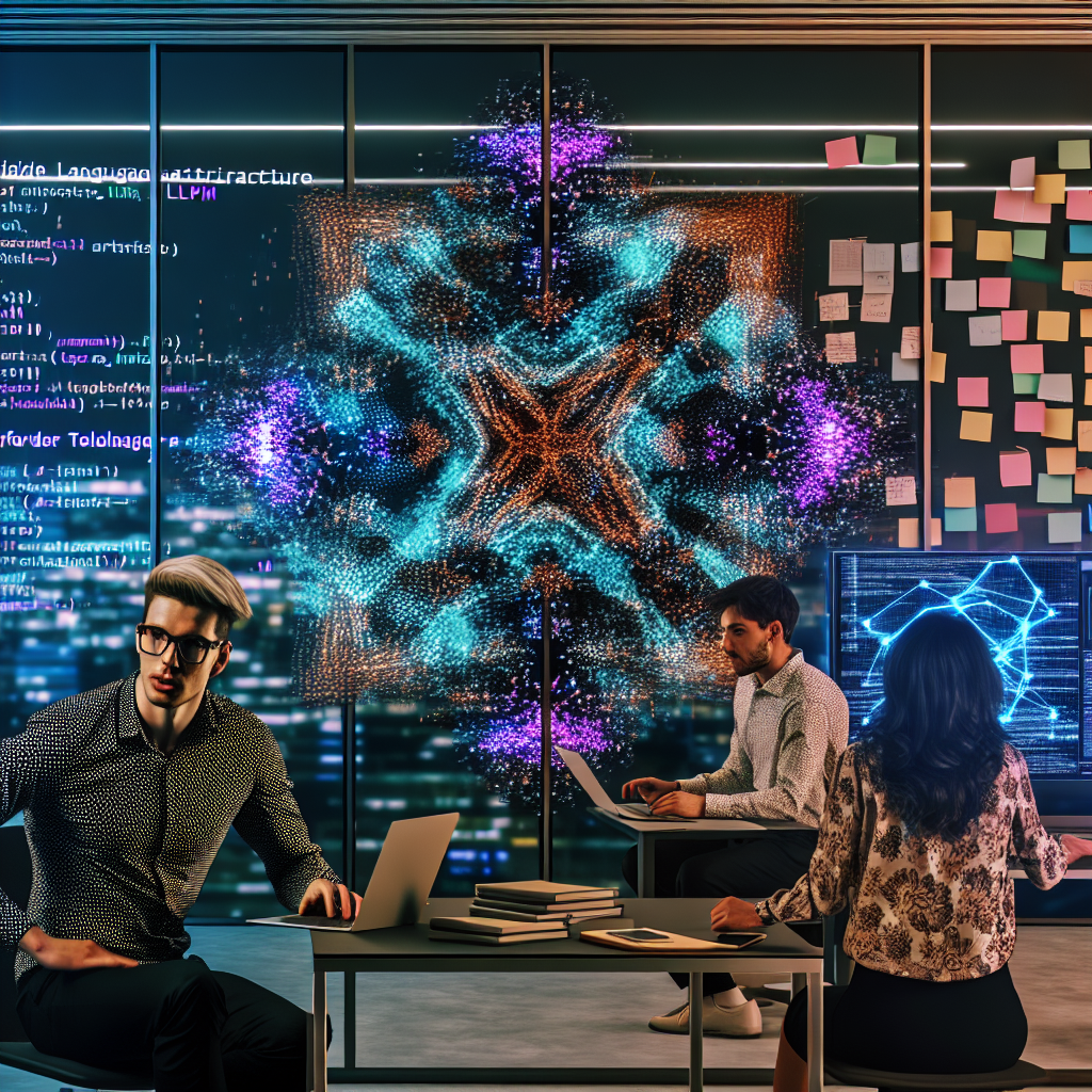 **Foto Beskrivelse:** Et spændende og futuristisk kontormiljø med fokus på samarbejde og innovation i feltet kunstig intelligens. I midten af billedet er der en stor, imponerende skærm, som viser en dynamisk grafisk visualisering af et neuralt netværk, fyldt med lysende farver og komplekse forbindelser, der symboliserer dataflowet i en Large Language Model (LLM). Skærmen lyser op og reflekterer den kreative energi i rummet. Til venstre i billedet sidder en mandlig forsker med kort, lyst hår iført en stilfuld hulmønstret skjorte. Han har briller på og sidder med en intens fokus ved sin bærbare computer, hvor koden ruller hen over skærmen i en avanceret IDE. Bag ham hænger en væg, der er fyldt med farverige post-its, grafiske flowcharts og whiteboard-diagrammer, der illustrerer Transformer-arkitektur og telefonkonceptskitser. Til højre i billedet er en kvindelig datalog, iført en elegant bluse med blomstermønster og med langt, bølget hår. Hun sidder i en afslappet stil, holdende en notesbog i sin hånd, mens hun skriver vigtige observationer. Hendes computerskærm viser en AI-genereret tekst, og hendes ansigt udstråler en koncentreret og nysgerrig attitude. Rummet er udstyret med store gulv-til-loft vinduer, der lader naturligt lys oversvømme rummet og skabe en varm og indbydende atmosfære. Grønne planter er strategisk placeret rundt fingrene i rummet, der giver liv og energi til kontormiljøet. Baggrunden viser et stilfuldt moderne bibliotek med rækker af bøger om maskinlæring, dyb læring og kunstig intelligens. Flere kolleger er synlige i samtale, gestikulerer livligt, mens de diskuterer de transformative muligheder for LLM'er i sundhedssektoren. Belysningen i rummet kombinerer naturlig belysning og bløde spotlights, der skaber en inspirerende atmosfære. Dette billede indfanger den dynamik og kreative samarbejdsvilje blandt forskerne, der arbejder hen imod at bryde grænserne for, hvad kunstig intelligens kan opnå.