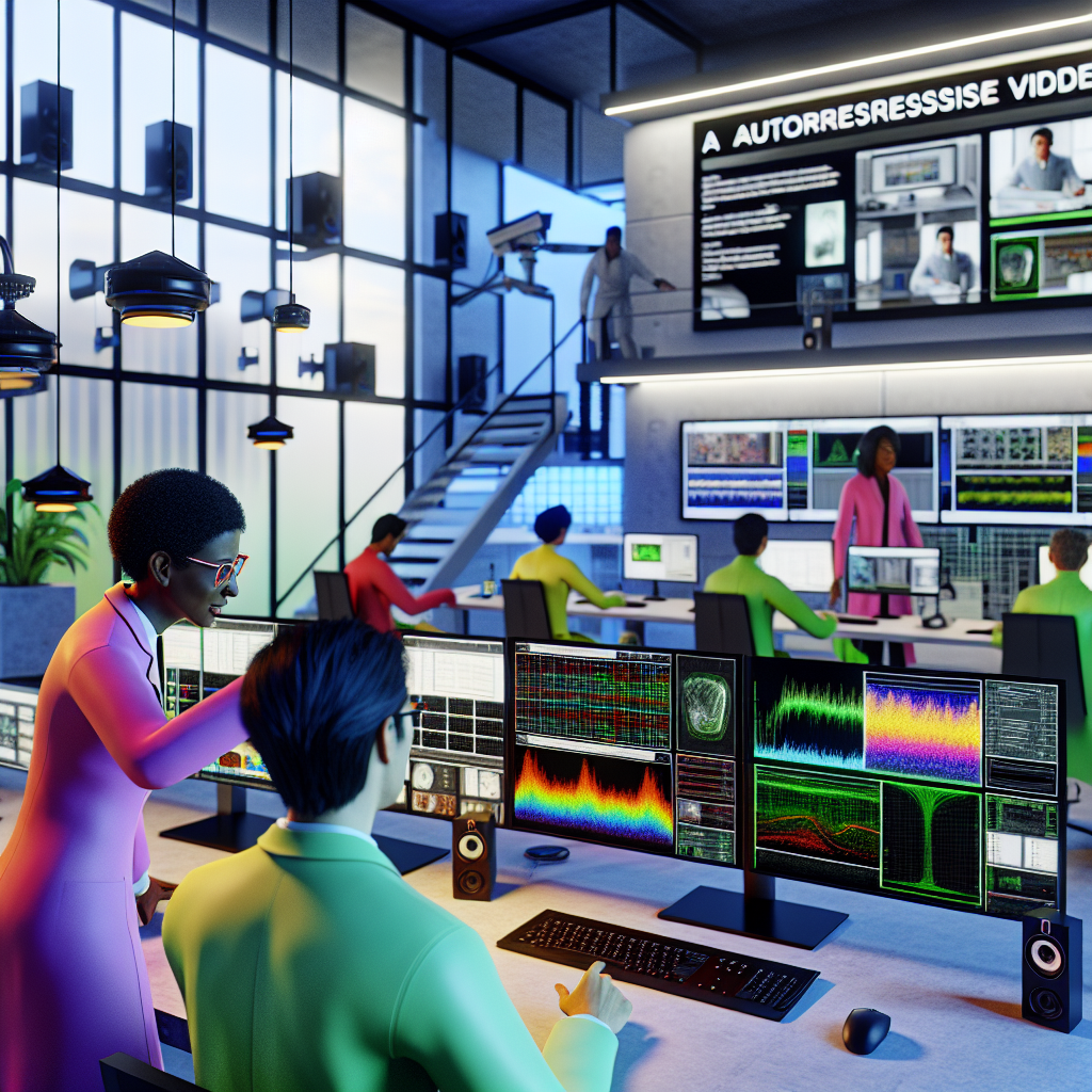 **Foto beskrivelse:** Billedet viser et moderne, velbelyst forskningslaboratorium, hvor en gruppe forskere i farvede labcoats arbejder koncentreret omkring flere skærme og avancerede computere. I forgrunden ses en stor skærm, der viser komplekse grafikker og datastrømme fra en autoregressiv videomodelleringssoftware. Forskeren til venstre, en kvinde med briller og kort hår, peger på skærmen, mens hun diskuterer resultaterne med en kollega, en mand med langt, mørkt hår, der skriver noter på sin laptop. I baggrunden er der flere højttalere og overvågningskameraer, der indikerer en aktiv studie- og udviklingsmiljø. På et af bordene ligger der flere bøger og artikler om kunstig intelligens og videomodellering, hvilket understreger det akademiske fokus. Belysningen i rummet er både naturlig og kunstig, og der ses grønne planter i hjørnerne, hvilket giver et friskt og inspirerende miljø. Stemningen er intens og fokuseret, idet forskerne arbejder på grænsen af teknologiens muligheder for at forbedre modeller til videoanalyse i realtid. Billedet indfanger essensen af det revolutionerende arbejde inden for autoregressive modeller og dets potentiale i computervision, hvilket passer perfekt til artiklen om denne innovative fremgang.