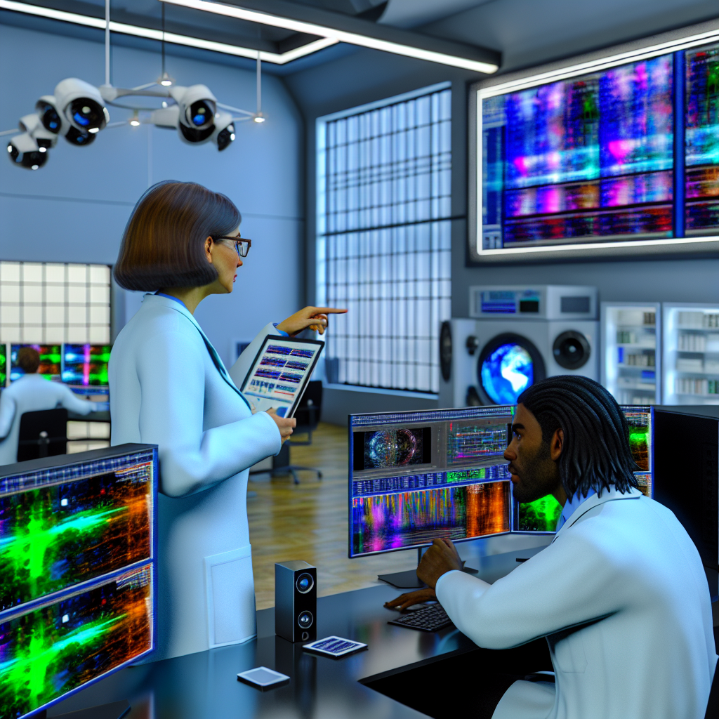 **Foto beskrivelse:** Billedet viser et moderne, velbelyst forskningslaboratorium, hvor en gruppe forskere i farvede labcoats arbejder koncentreret omkring flere skærme og avancerede computere. I forgrunden ses en stor skærm, der præsenterer komplekse grafikker og datastrømme fra en autoregressiv videomodelleringssoftware. Skærmen lyser op i rummet med farverige grafiske visualiseringer, der illustrerer de data, forskerne analyserer. Til venstre står en kvinde med briller og kort, brunt hår, iført en lyseblå labcoat, som peger på skærmen med én hånd, mens hun med den anden hånd holder en tablet, hvor hun noterer sine observationer. Ved siden af hende er en mand med langt, mørkt hår, der er dybt koncentreret, mens han tipper på sin laptop. Han er iført en hvid labcoat og ser ud til at overveje de data, kvinden præsenterer. I baggrunden ses flere højttalere og overvågningskameraer, der understøtter et aktivt studie- og udviklingsmiljø. Et stort vindue lader naturligt lys strømme ind, og i hjørnerne står dekorative, grønne planter, hvilket giver en frisk atmosfære til rummet. På et af de lange borde ligger en stak bøger og forskningsartikler om kunstig intelligens, videomodellering og autoregressive modeller, hvilket yderligere understreger det akademiske fokus, der præger lokalet. Belysning i rummet kombinerer klassisk kontorbelysning med det naturlige lys, der bidrager til en fokuseret og inspirerende stemning. Forskernes ansigtstræk udstråler intensitet og engagement, mens de udveksler idéer og diskuterer deres fremskridt inden for feltet. Billedet indfanger essensen af det revolutionerende arbejde inden for autoregressive modeller og deres potentiale i computer vision, præcist som artiklen om disse innovative fremskridt beskriver.