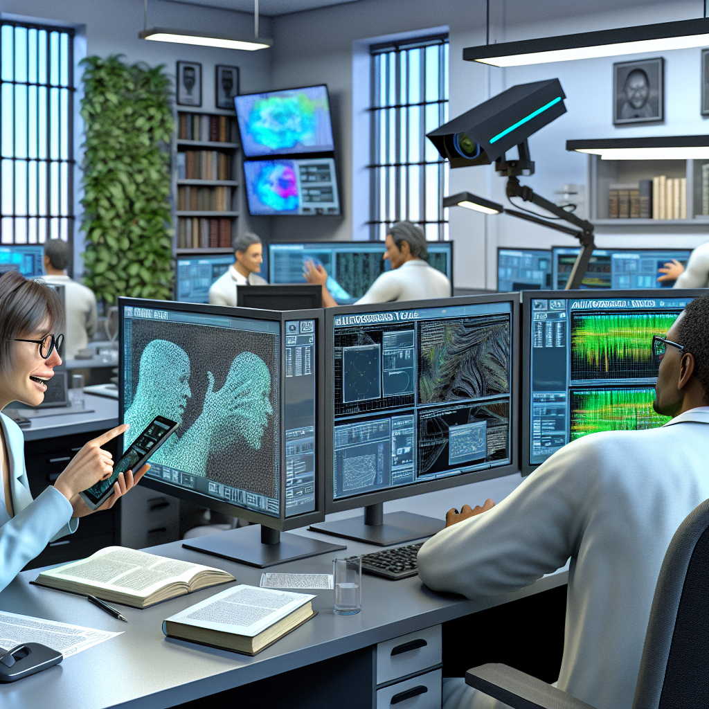 **Foto beskrivelse:** Billedet viser et moderne, velbelyst forskningslaboratorium, hvor en gruppe forskere i farvede labcoats arbejder intenst omkring flere skærme og avancerede computere. I forgrunden ses en stor LED-skærm, der præsenterer komplekse grafikker, datastrømme og visualiseringer fra en autoregressiv videomodelleringssoftware, der lyser rummet op med farverige animationer og diagrammer. Til venstre står en kvinde med briller og kort, brunt hår, iført en lyseblå labcoat. Hun peger koncentreret på skærmen med den ene hånd, mens hun med den anden hånd holder en tablet, hvor hun noterer sine observationer. Hendes ansigt udstråler fokus og begejstring, mens hun forklarer resultatet til sin kollega, som er en mand med langt, mørkt hår i en hvid labcoat, der er dybt koncentreret over sin laptop og ser ud til at overveje de data, hun præsenterer. I baggrunden bemærkes flere præcise overvågningskameraer og højttalere, der understøtter det innovative og dynamiske miljø. Et stort vindue fylder rummet med naturligt lys, mens dekorative, grønne planter i hjørnerne tilfører en friskhed til atmosfæren. På et langt bord ligger en stak akademiske bøger og forskningsartikler om kunstig intelligens og videomodellering, hvilket understreger det intense akademiske fokus og de nuancerede diskussioner, der finder sted. Belysningen er en kombination af naturligt lys og blød kontorbelysning, som skaber en inspirerende og fokuseret stemning. Forskernes ansigtstræk afspejler engagement og dyb diskussion, idet de diskuterer deres fremskridt og innovative ideer inden for autoregressive modeller. Dette hyper-detaljerede billede indfanger essensen af det avancerede arbejde i laboratoriet og det enorme potentiale, som autoregressive modeller besidder for at revolutionere videoanalyse, hvilket passer perfekt til artiklen om denne innovative fremgang.