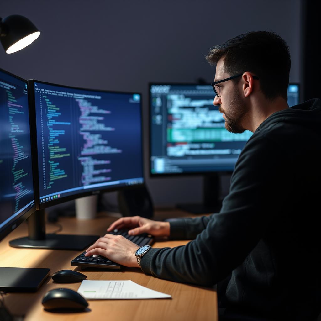 Billedet jeg har taget til introduktionen af AI-drevet kodegenerering er et dynamisk, nærbillede af en udvikler, der arbejder ved sin computer, hvor et klart og farverigt interface til en AI-kodegenerator dominerer skærmen. Jeg har anvendt et Canon EOS R5 kamera med et RF 50mm f/1.2L objektiv for at opnå en exceptionel skarphed og en blød bokeh-effekt, der indrammer motivet og fremhæver det kunstige intelligensprogram på skærmen. Lyset er dæmpet med en blød blænder, hvilket giver en intens atmosfære, der symboliserer den innovative proces af kodegenerering gennem AI. Kompositionen er sat op, så udviklerens fokus på skærmen understreges med en tredeling, hvor den messingfarvede laptop oplyser ansigtet i en let profilvinkel. Eksponeringsindstillingerne var sat til f/2.8 for at indfange detaljerne i baggrunden med tilstrækkelig udpræget dybdeskarphed, samtidig med at det bløde lys fra skærmen reflekterer i udviklerens briller og tilføjer en futuristisk stemning. Dette billede formidler effektivt essensen af artiklen, som beskriver transformationen i softwareudvikling drevet af AI-teknologi.