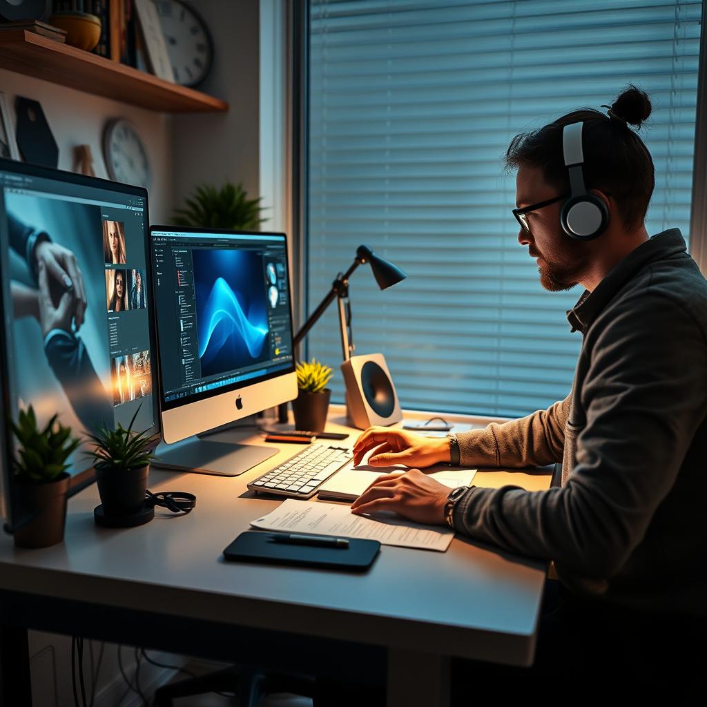 For billedet til den første del af artiklen om Adobes nye AI-værktøjer, forestiller jeg mig et dynamisk billede af en kreativ professionel, der arbejder ved en moderne stationsplads. På skrivebordet står en computer, hvor Adobe's interface er synligt, mens kreatøren koncentreret interagerer med værktøjet 