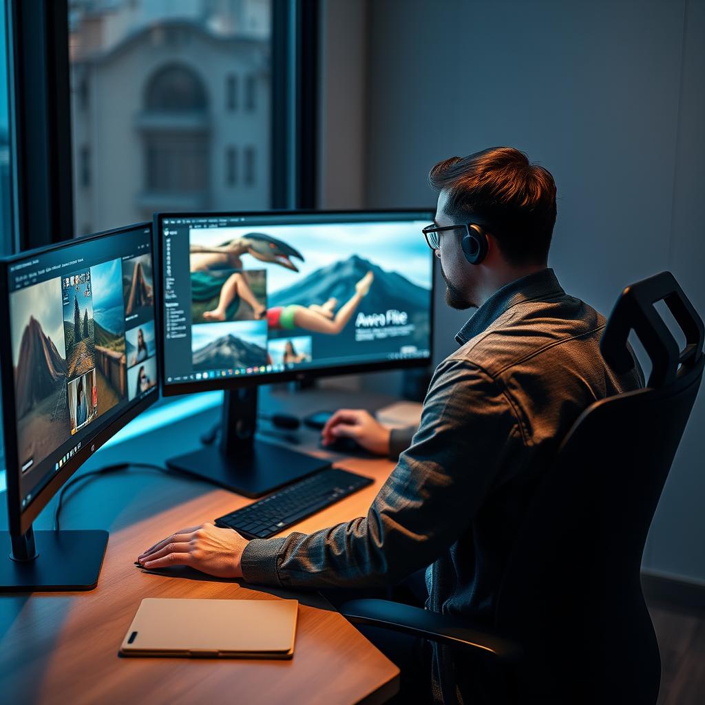 Billedet, jeg forestiller mig til denne artikel, vil vise en kreativ professionel dybt engageret i arbejdet med Adobes AI-værktøjer, især ''Firefly Bulk Create''. Motivets komposition vil fokusere på den person, der arbejder ved en moderne skrivebordsplads med en stor computer, hvor Adobe-programpanelet er tydeligt synligt. Baggrunden vil være sløret for at fremhæve den kreative udøver og deres interaktion med skærmen, som præsenterer en bølge af billeder ved redigering, hvor funktioner, som automatisk baggrundserstatning, er synlige og inspirerende. Jeg vil bruge mit Canon EOS R5-kamera sammen med et RF 24-70mm f/2.8L IS USM-objektiv for at fange billederne med høj detaljegrad og en blød baggrundssløring. Jeg indstiller ISO til 400 for at minimere støj, blænden til f/4 for at skabe dybde og lukkerhastigheden til 1/100 sekund for at fryse øjeblikket. Den naturlige belysning fra vinduet vil tilføje en varm atmosfære, som ikke kun understreger det innovative aspekt af Adobes nye værktøjer, men også den inspirerende kreative proces i gang.