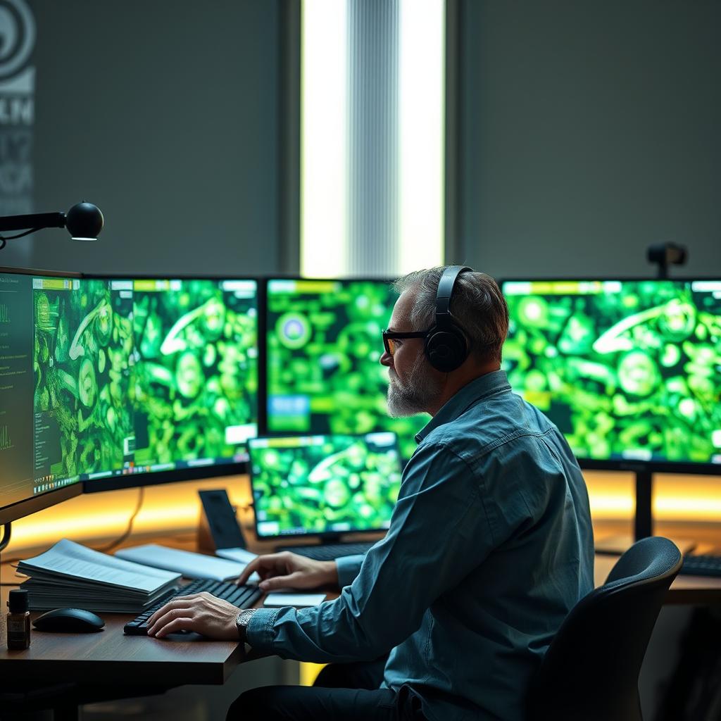 For at fange essensen af Nvidias rolle i udviklingen af AI-drevne digitale tvillinger, kunne jeg tage et billede af en avanceret computerarbejdsstation med flere skærme, der viser visualiseringer af digitale tvillinger i Omniverse-platformen. Billedet vil have fokus på en ingeniør, der dybdegår i det komplekse grafikarbejde, omgivet af notesbøger og teknisk udstyr, der symboliserer innovation og kreativitet i udviklingen af digitale løsninger. Kompositionen vil følge en tredelingsteori, hvor ingeniøren placeres til venstre, mens skærmene optager den centrale del, hvilket gør det muligt for beskueren at føle sig tiltrukket af det dynamiske rum. Jeg vil anvende et Canon EOS R5-kamera med en RF 24-70mm f/2.8-linse, sat til ISO 400, blænde f/4 og en lukkertid på 1/80 sek. Dette vil sikre, at både personen og skærmene er skarpe, samtidig med at baggrunden er let sløret for at fokusere på hovedmotivet. Ved efterbehandling planlægger jeg at justere kontrasten og farverne i Adobe Lightroom for at fremhæve den futuristiske atmosfære og den intense arbejdsstemning i den hurtigt udviklende AI-industri.