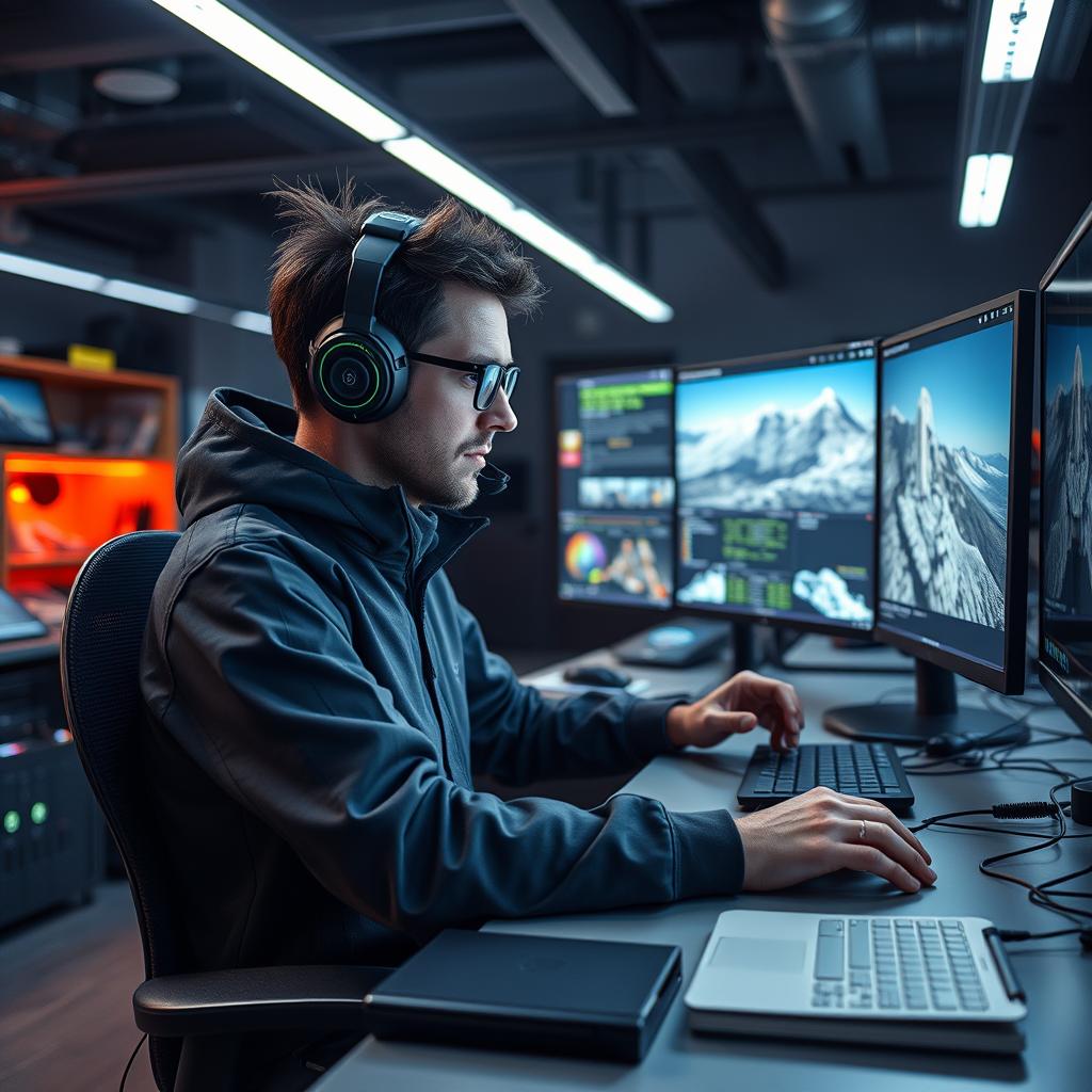Billedet, der vil supplere artiklen perfekt, vil vise en moderne arbejdsstation, dedikeret til udviklingen af digitale tvillinger. I fokus vil stå en ingeniør, der arbejder ved en række skærme, som viser en 3D-visualisering af digitale tvillinger skabt i Nvidias Omniverse-platform. Ingeniøren vil være dybt koncentreret, omgivet af teknisk udstyr, skitser og notesbøger, der symboliserer kreativitet og innovativ tænkning. For at fange denne dynamiske arbejdssituation vil kompositionen følge tredelingsteori, hvilket placerer ingeniøren til venstre i billedet mens skærmene og deres indhold fylder det centrale, hvilket indikerer et komplekst og engagerende arbejdsrum. Jeg vil benytte et Canon EOS R5-kamera med en RF 24-70mm f/2.8-linse, indstillet til ISO 400, blænde f/4 og en lukkertid på 1/80 sek. Denne opsætning sikrer skarphed både på ingeniøren og skærmene, mens baggrundene bliver let slørede for at fremhæve motivet. Efter redigeringen i Adobe Lightroom vil jeg justere kontrasten og farverne for at fremhæve den futuristiske stemning af innovation og effektivitet, som denne teknologi repræsenterer.